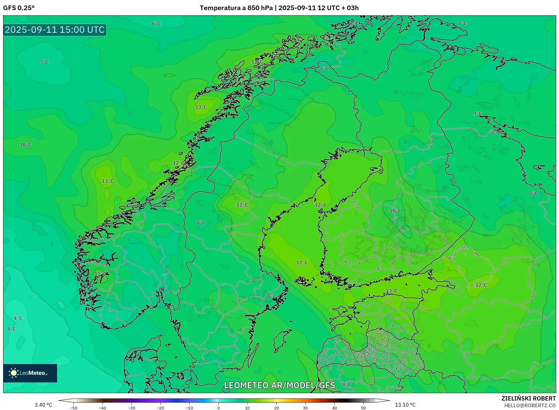 GFS model - Escandinavia, Temperatura a 850 hPa