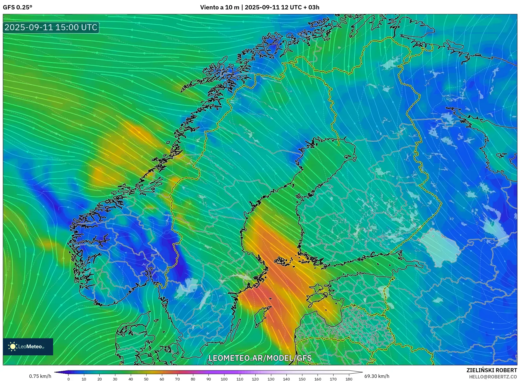 GFS model - Escandinavia, Viento a 10 m GFS model - Escandinavia, Viento a 10 m
