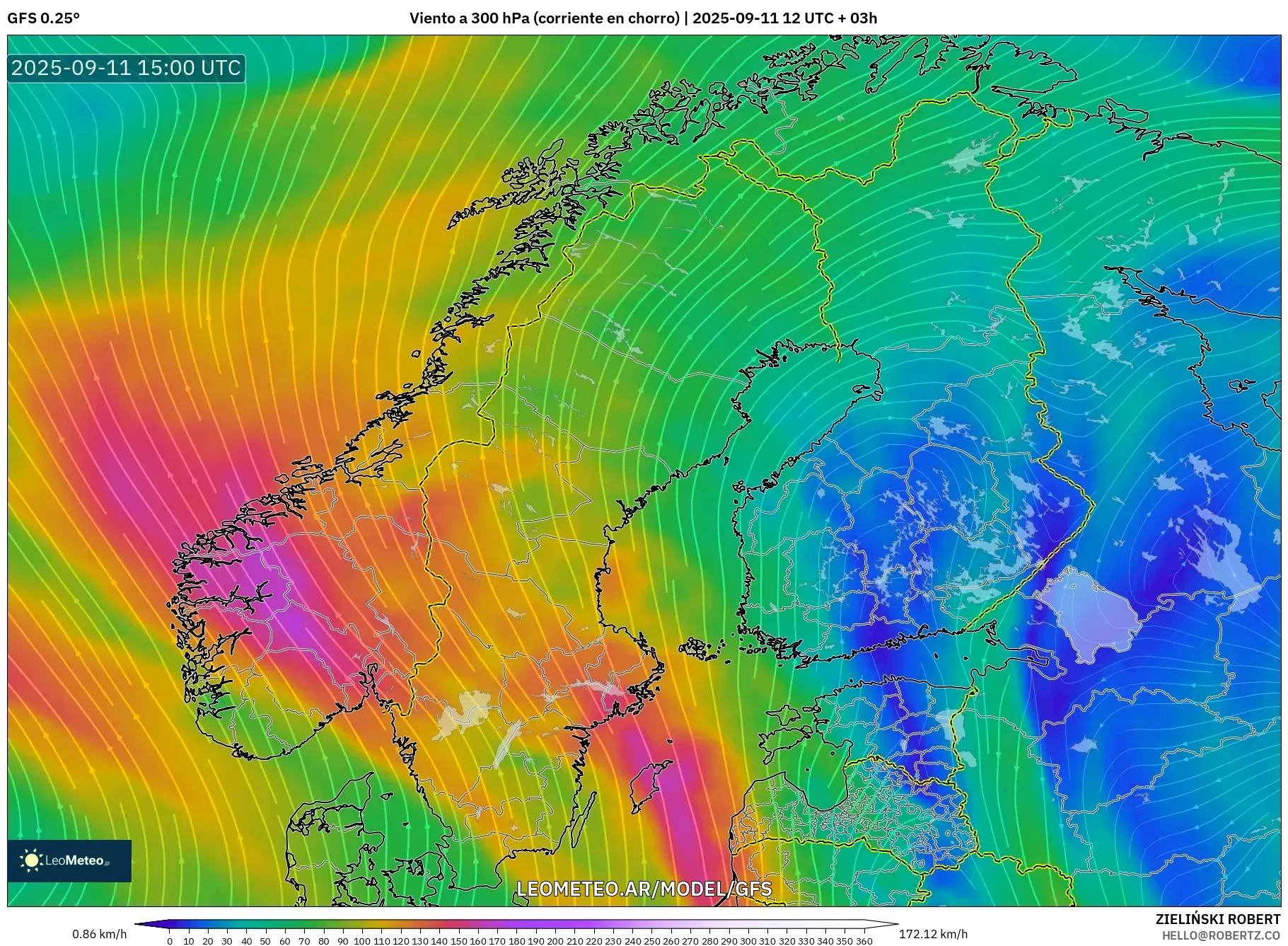 GFS model - Escandinavia, Viento a 300 hPa (corriente en chorro)