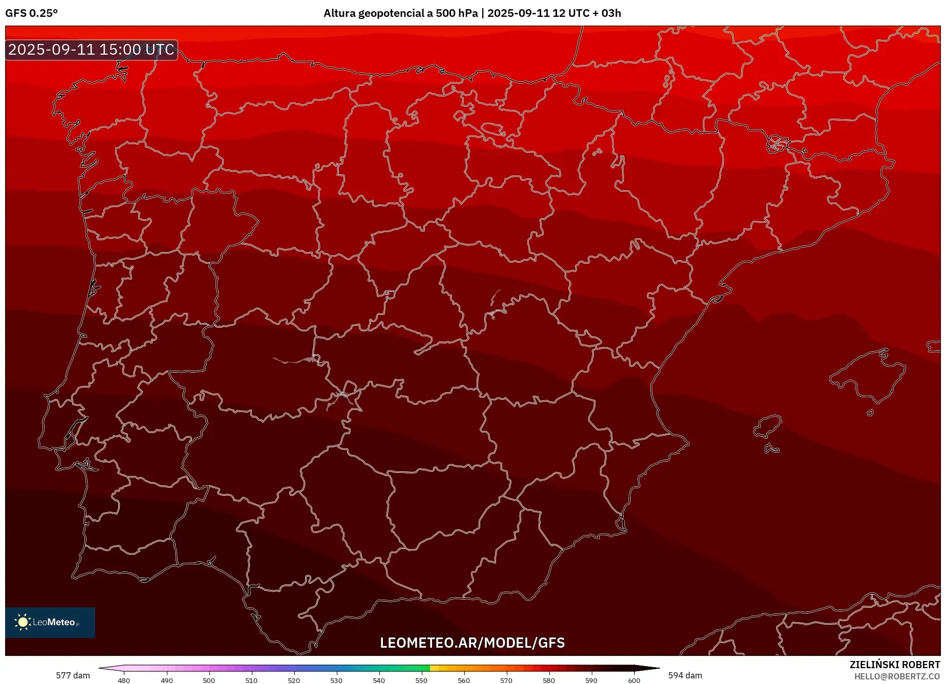 GFS model - España, Altura geopotencial a 500 hPa