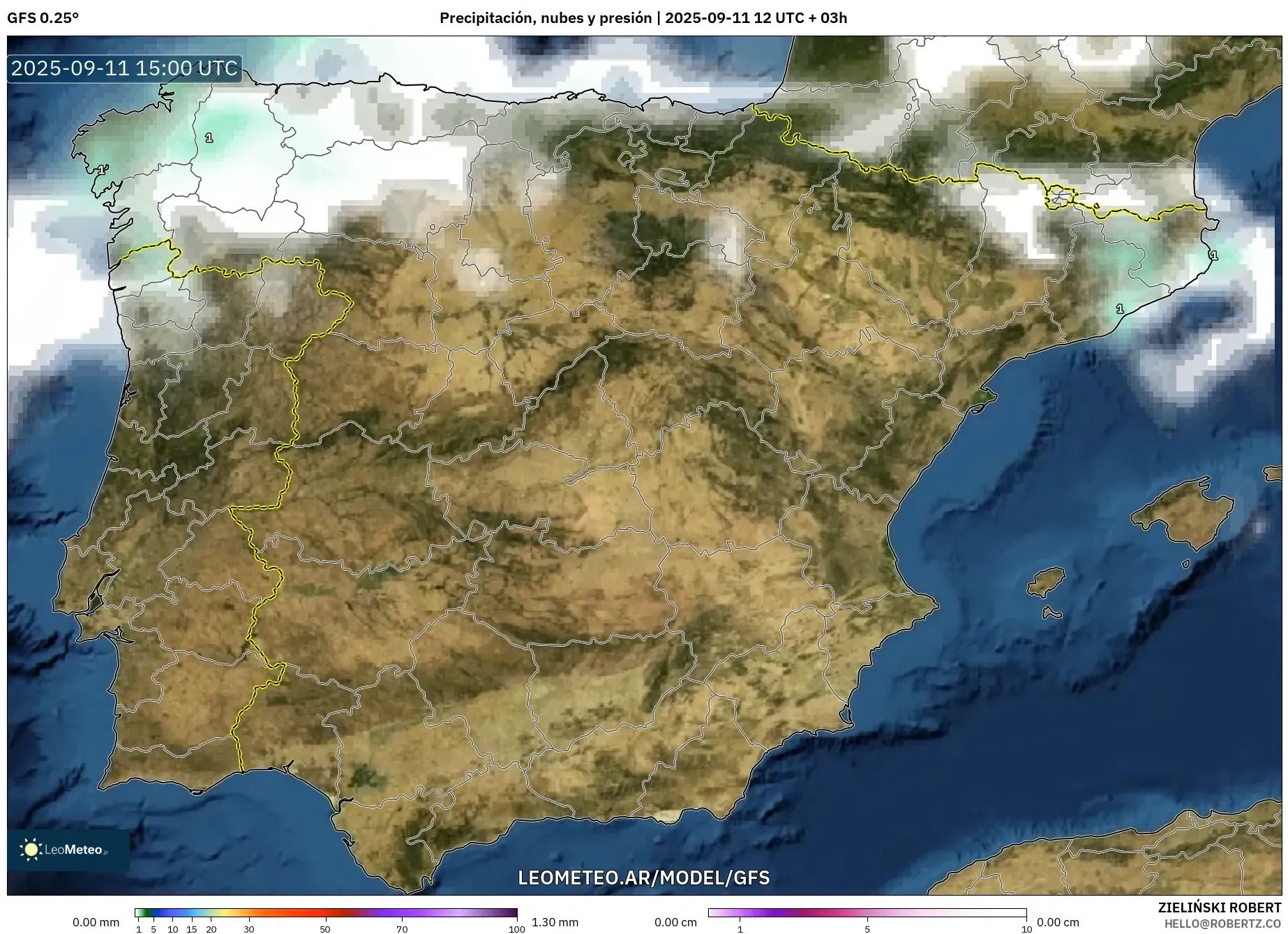 GFS model - España, Precipitación, nubes y presión