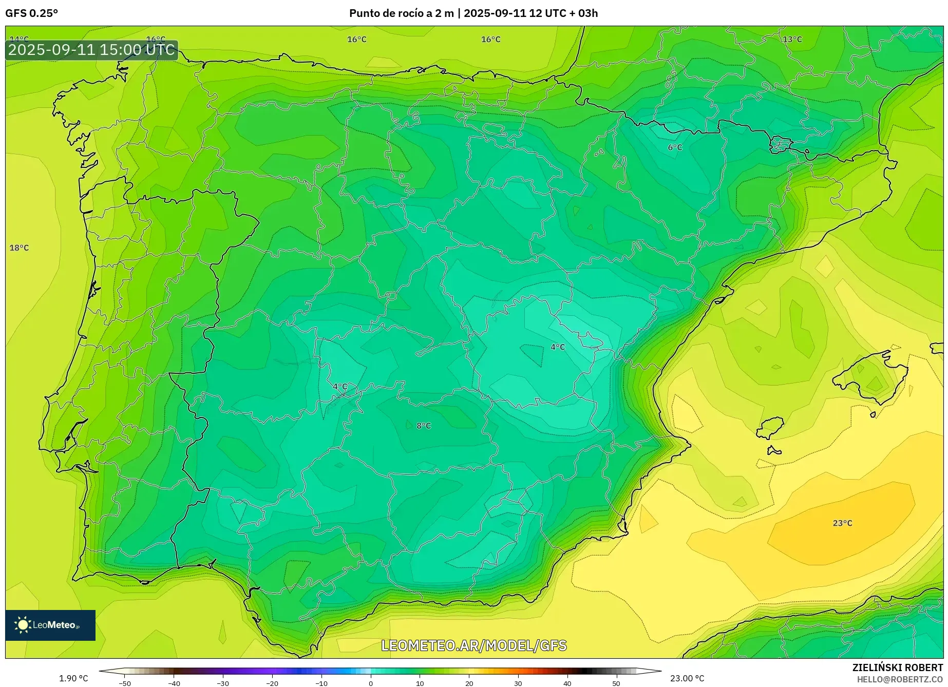 GFS model - España, Punto de rocío a 2 m
