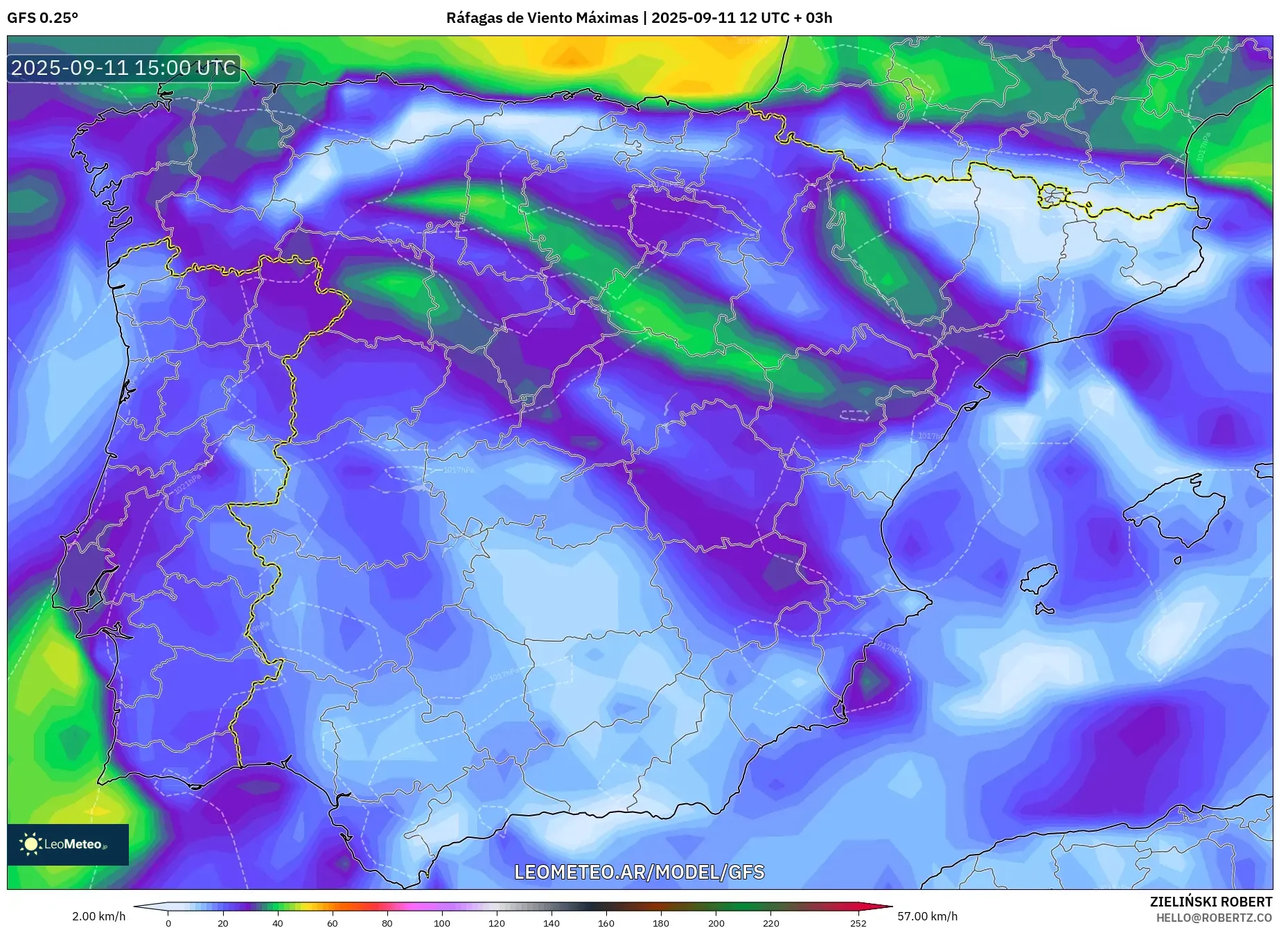 GFS model - España, Ráfagas de Viento Máximas GFS model - España, Ráfagas de Viento Máximas
