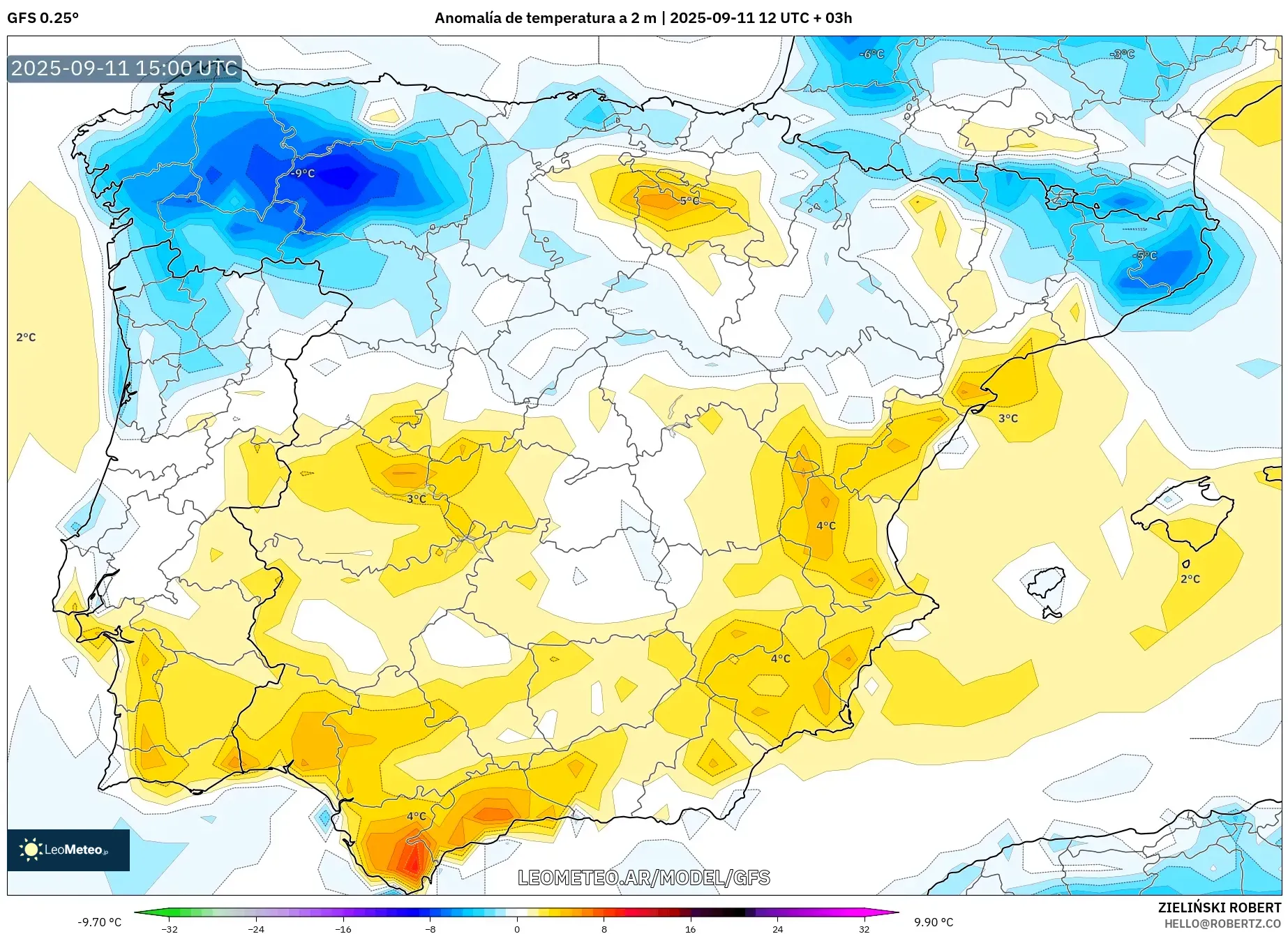 GFS model - España, Anomalía de temperatura a 2 m GFS model - España, Anomalía de temperatura a 2 m