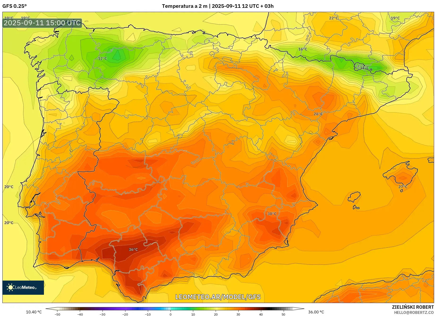 GFS model - España, Temperatura a 2 m GFS model - España, Temperatura a 2 m