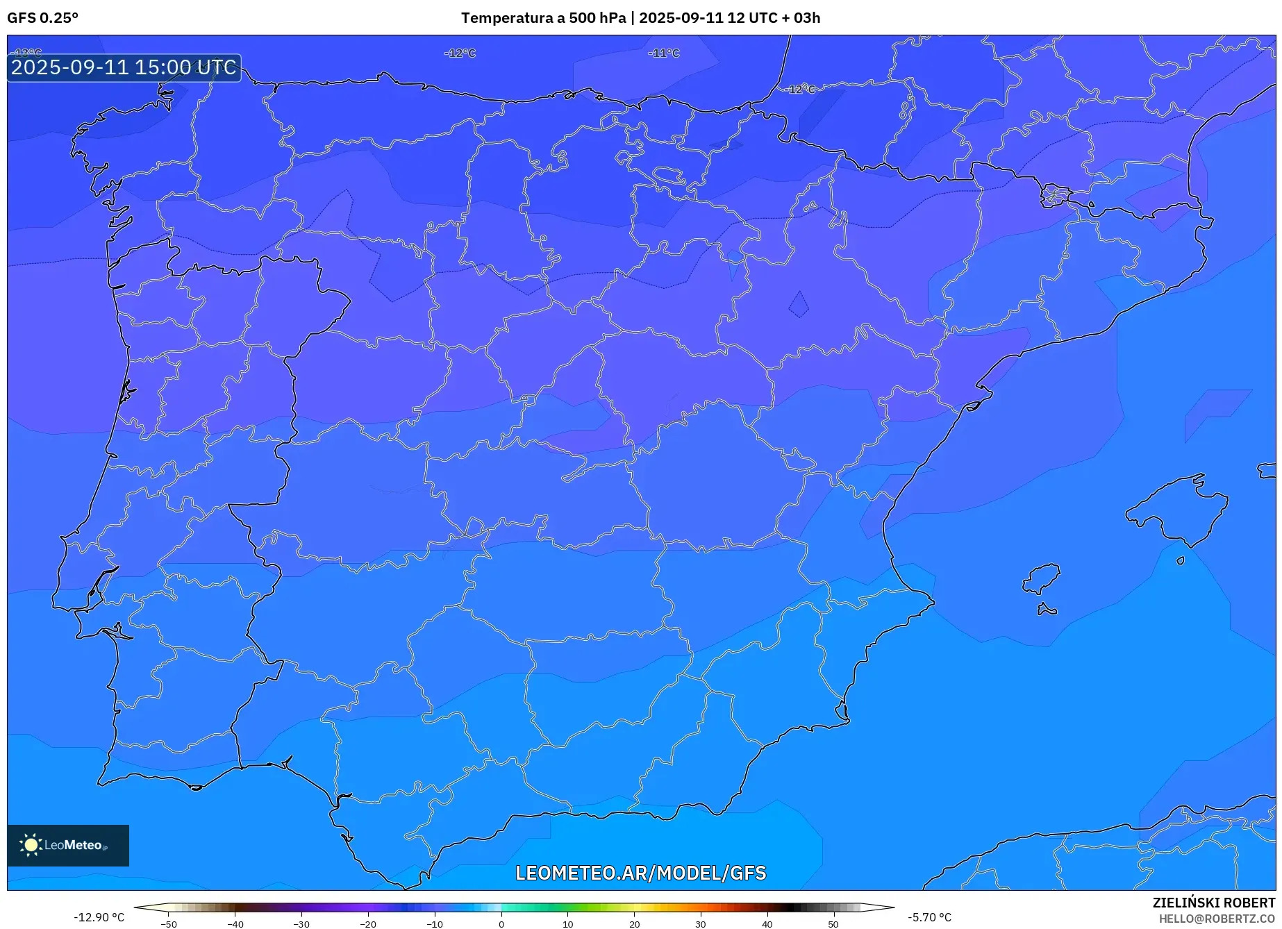 GFS model - España, Temperatura a 500 hPa