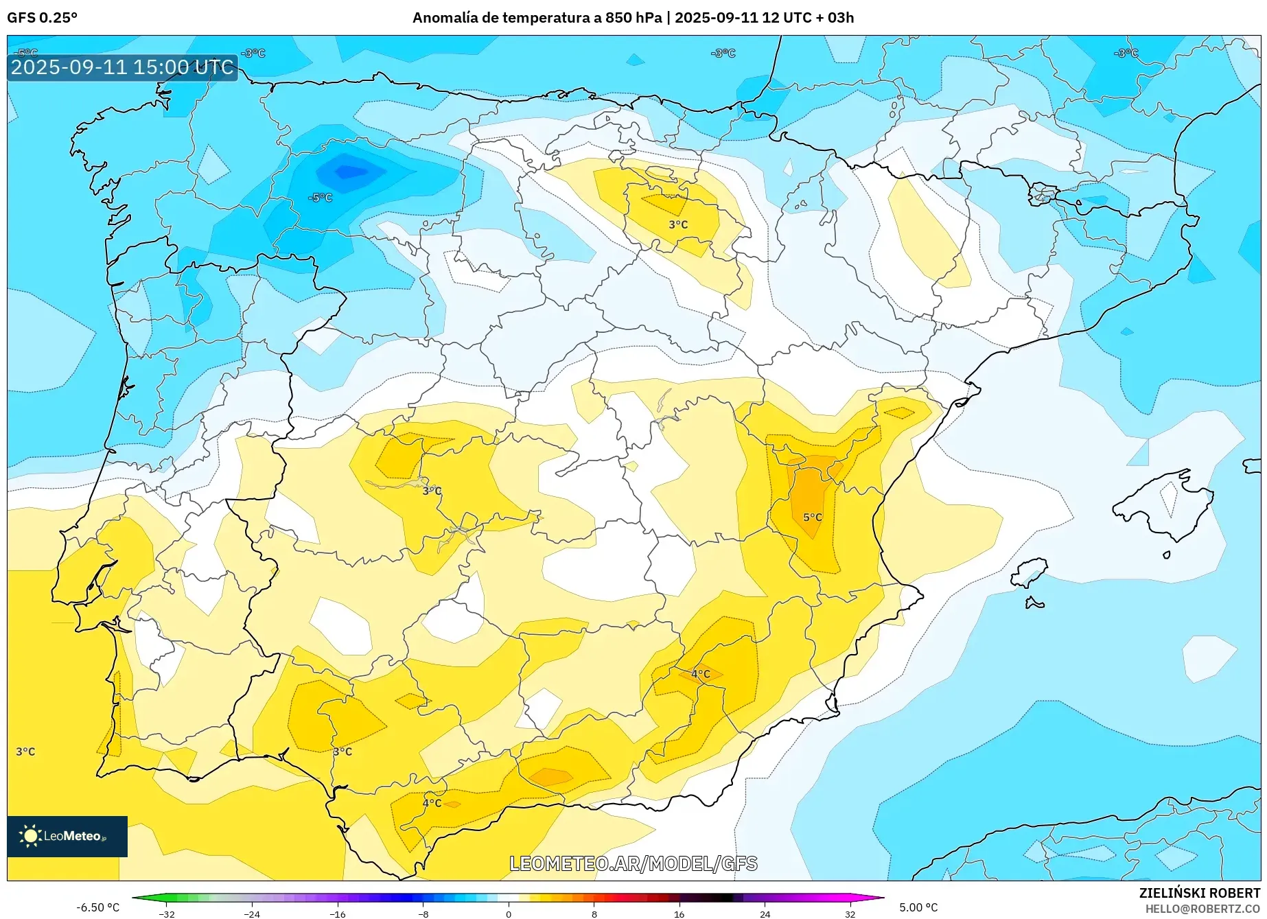GFS model - España, Anomalía de temperatura a 850 hPa