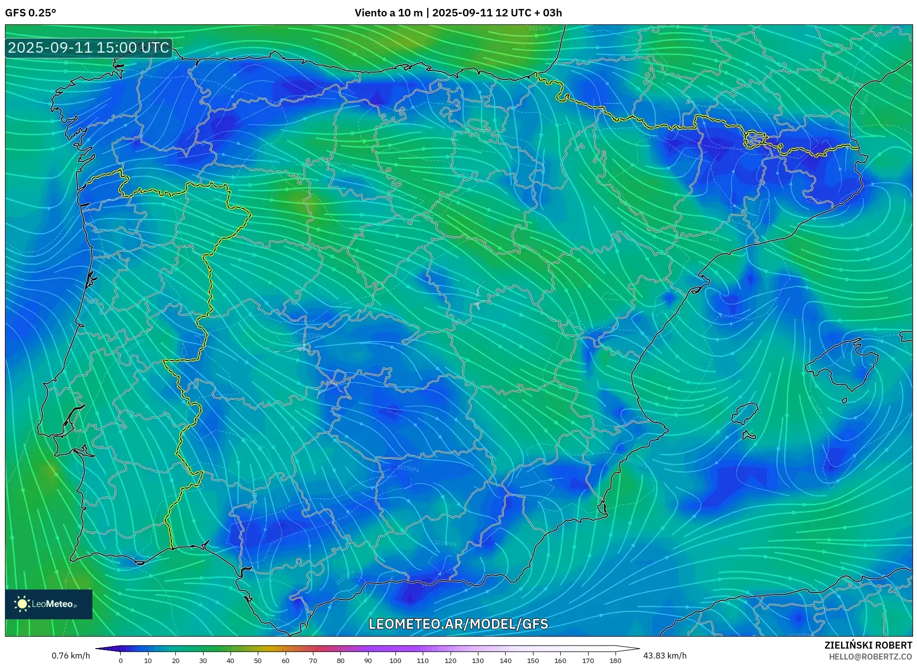 GFS model - España, Viento a 10 m GFS model - España, Viento a 10 m