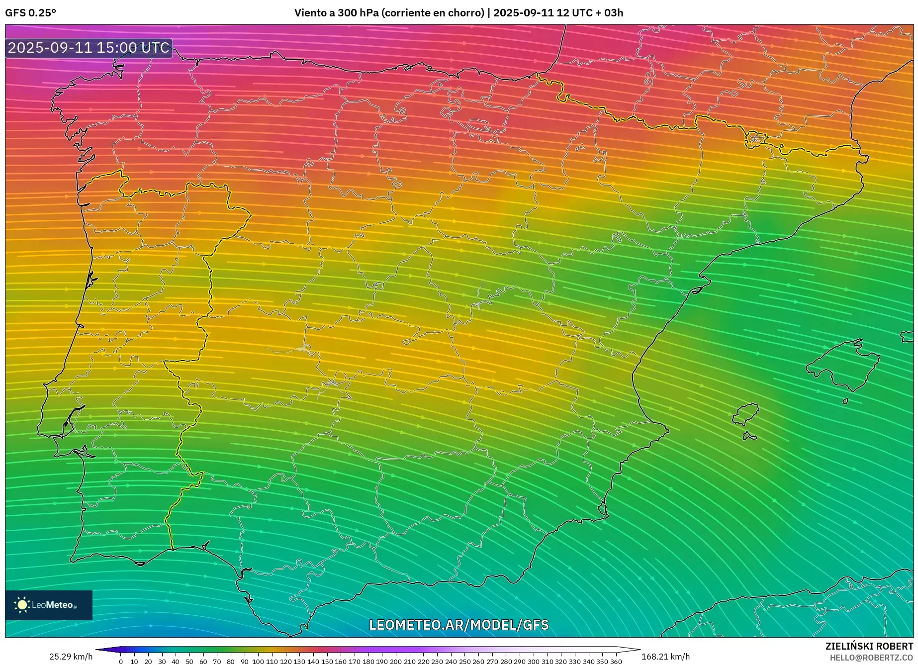 GFS model - España, Viento a 300 hPa (corriente en chorro)