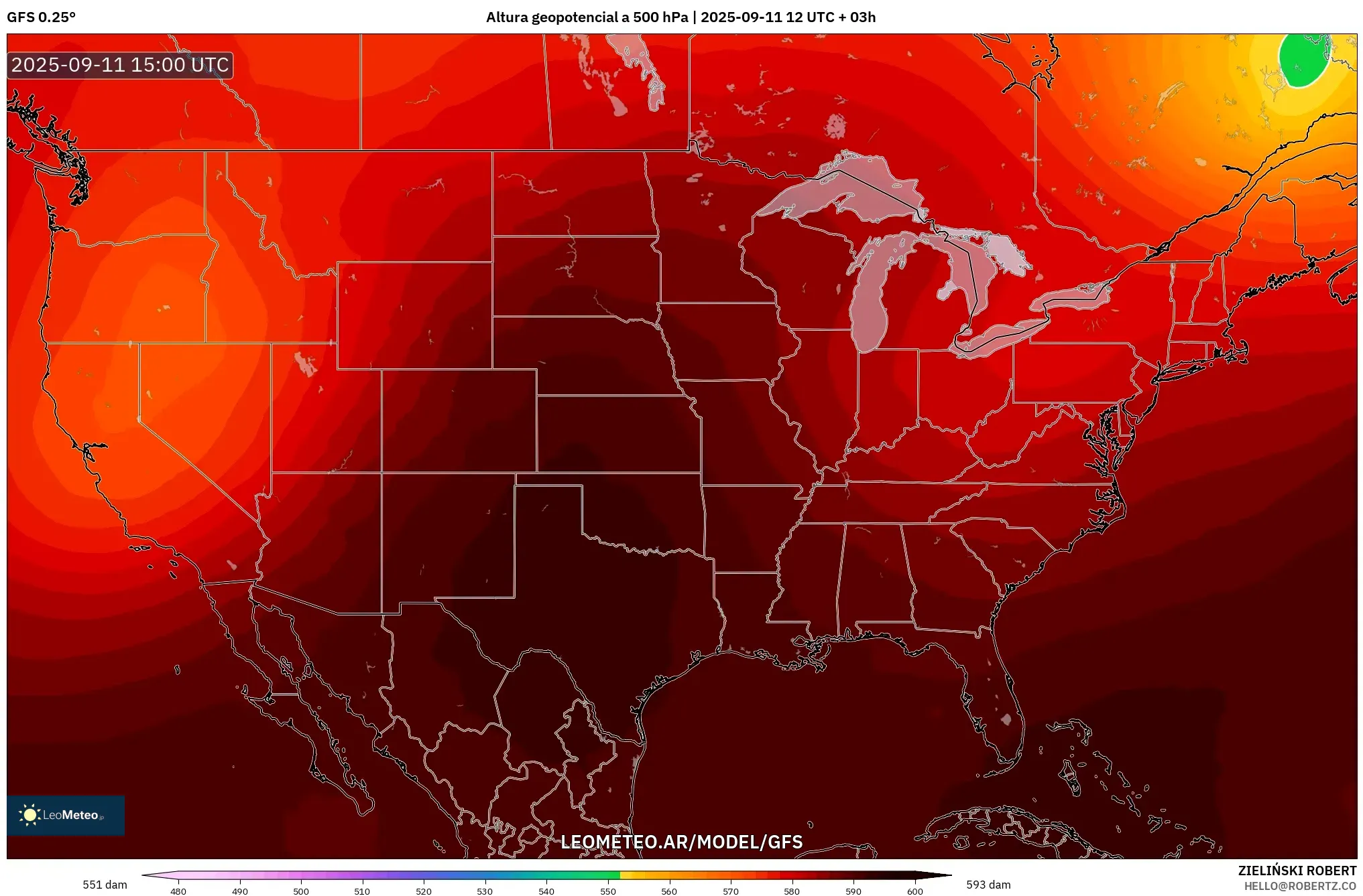 GFS model - Estados Unidos, Altura geopotencial a 500 hPa
