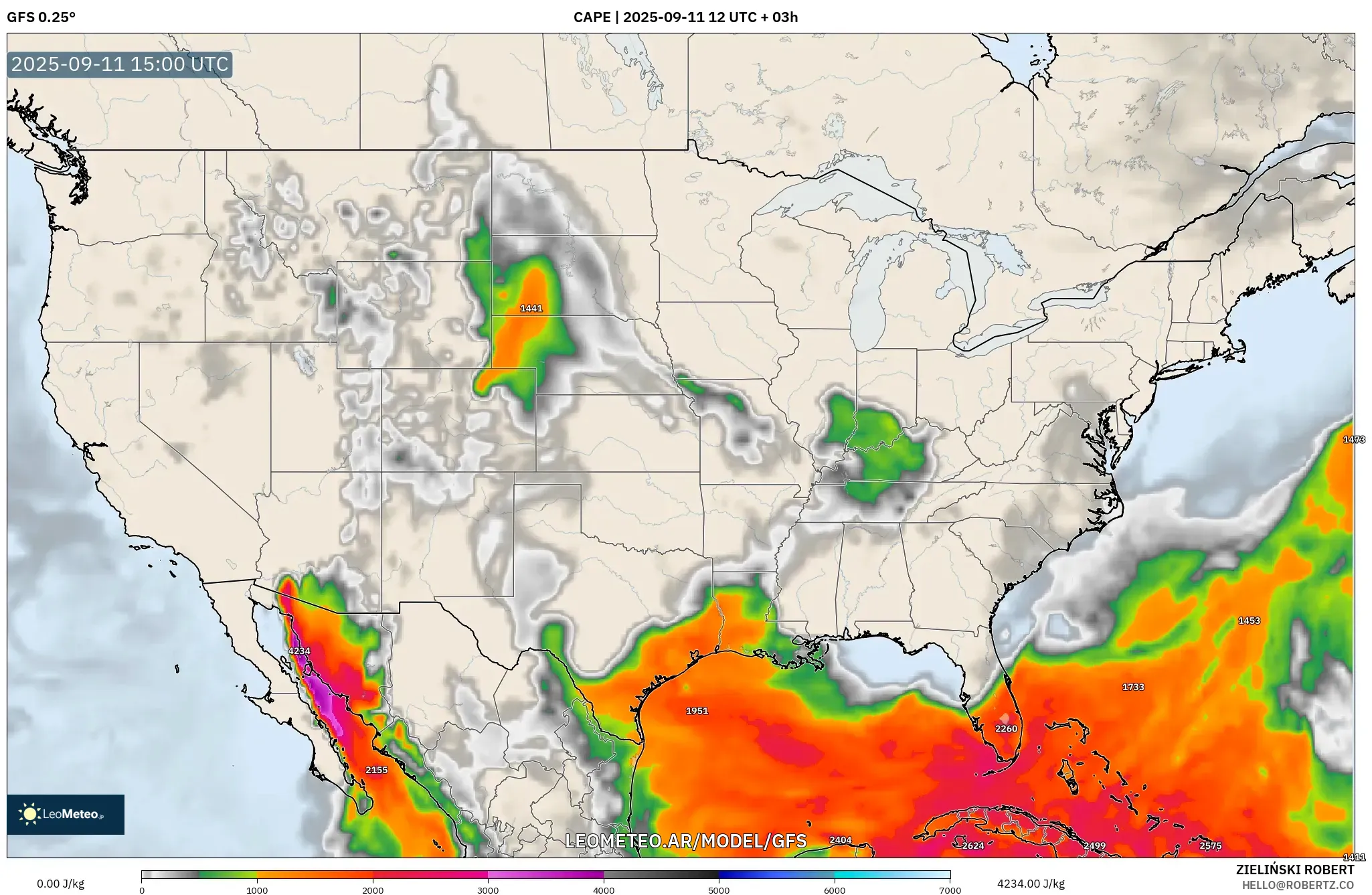 GFS model - Estados Unidos, CAPE GFS model - Estados Unidos, CAPE