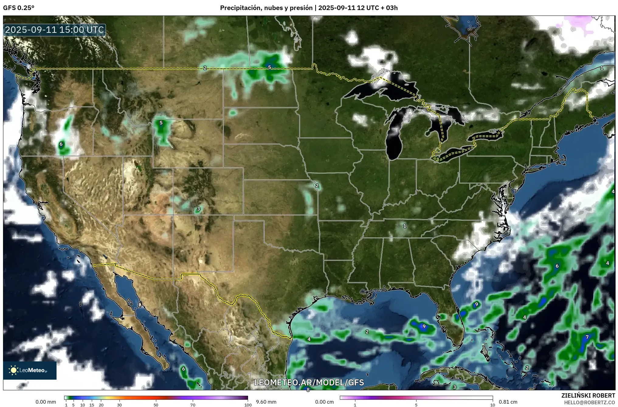 GFS model - Estados Unidos, Precipitación, nubes y presión