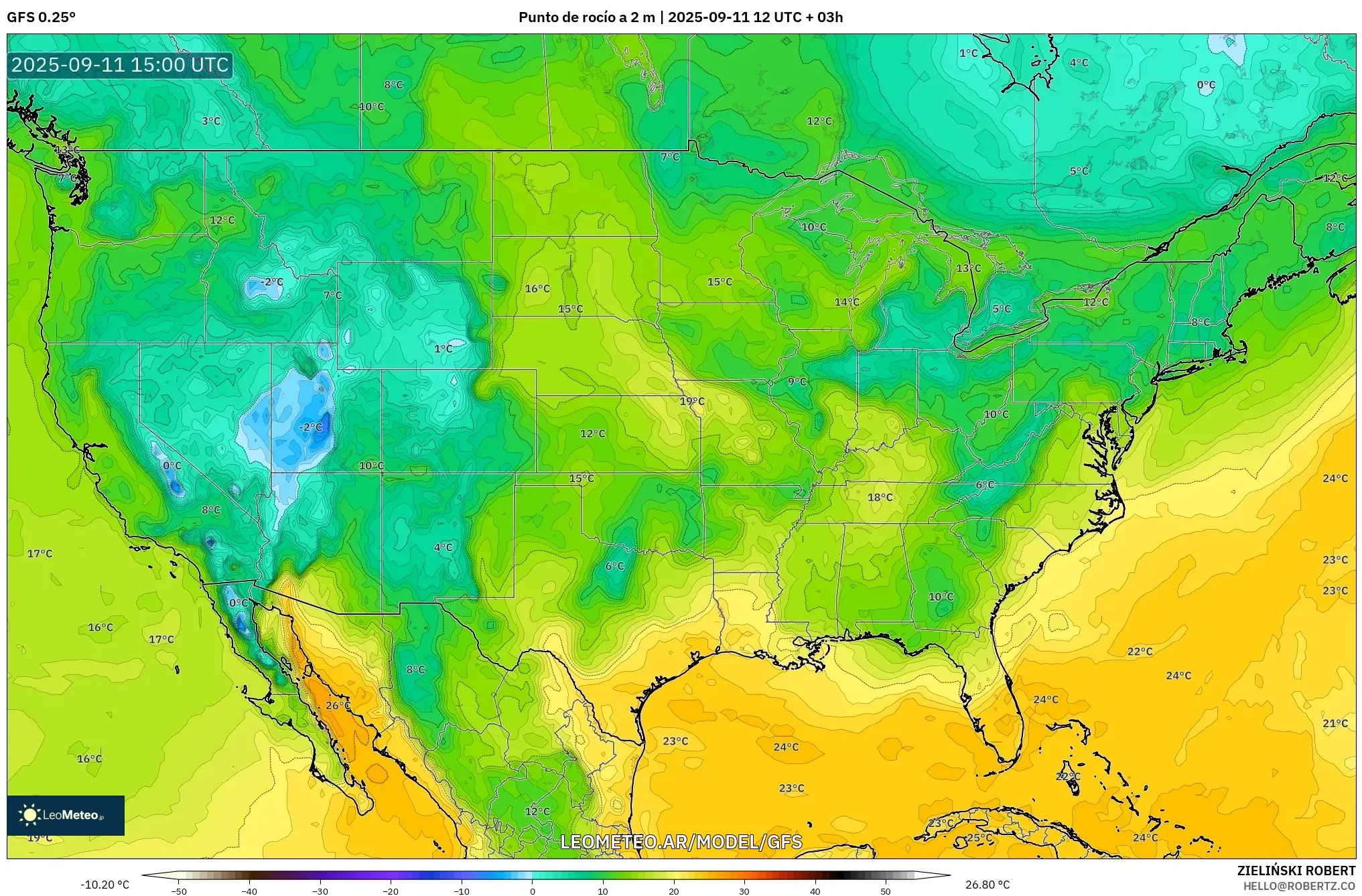 GFS model - Estados Unidos, Punto de rocío a 2 m