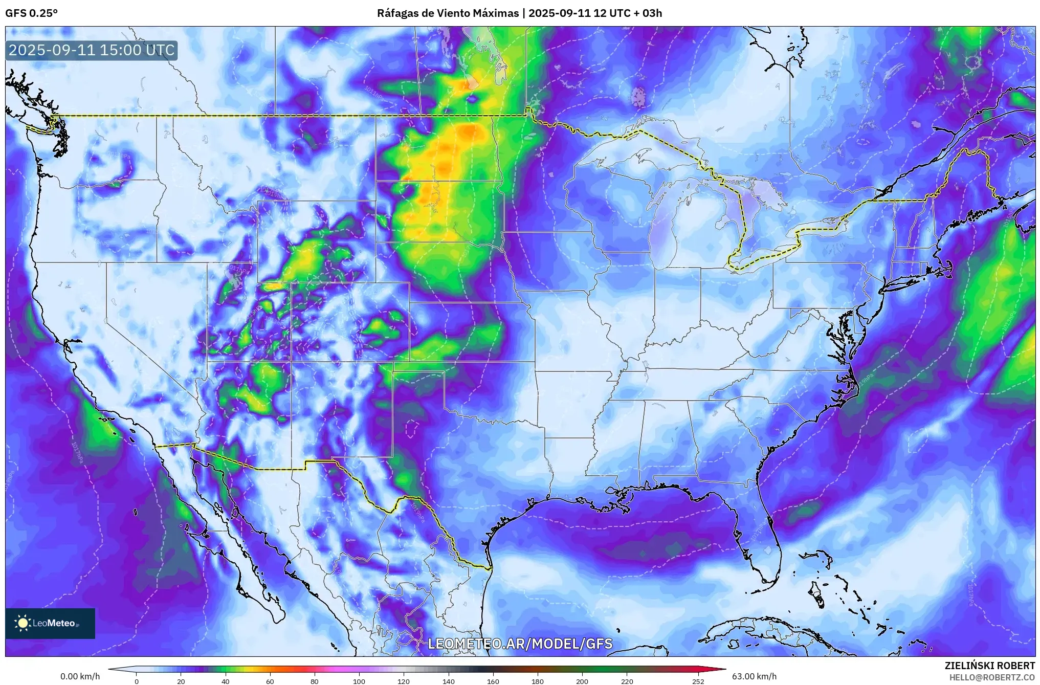 GFS model - Estados Unidos, Ráfagas de Viento Máximas
