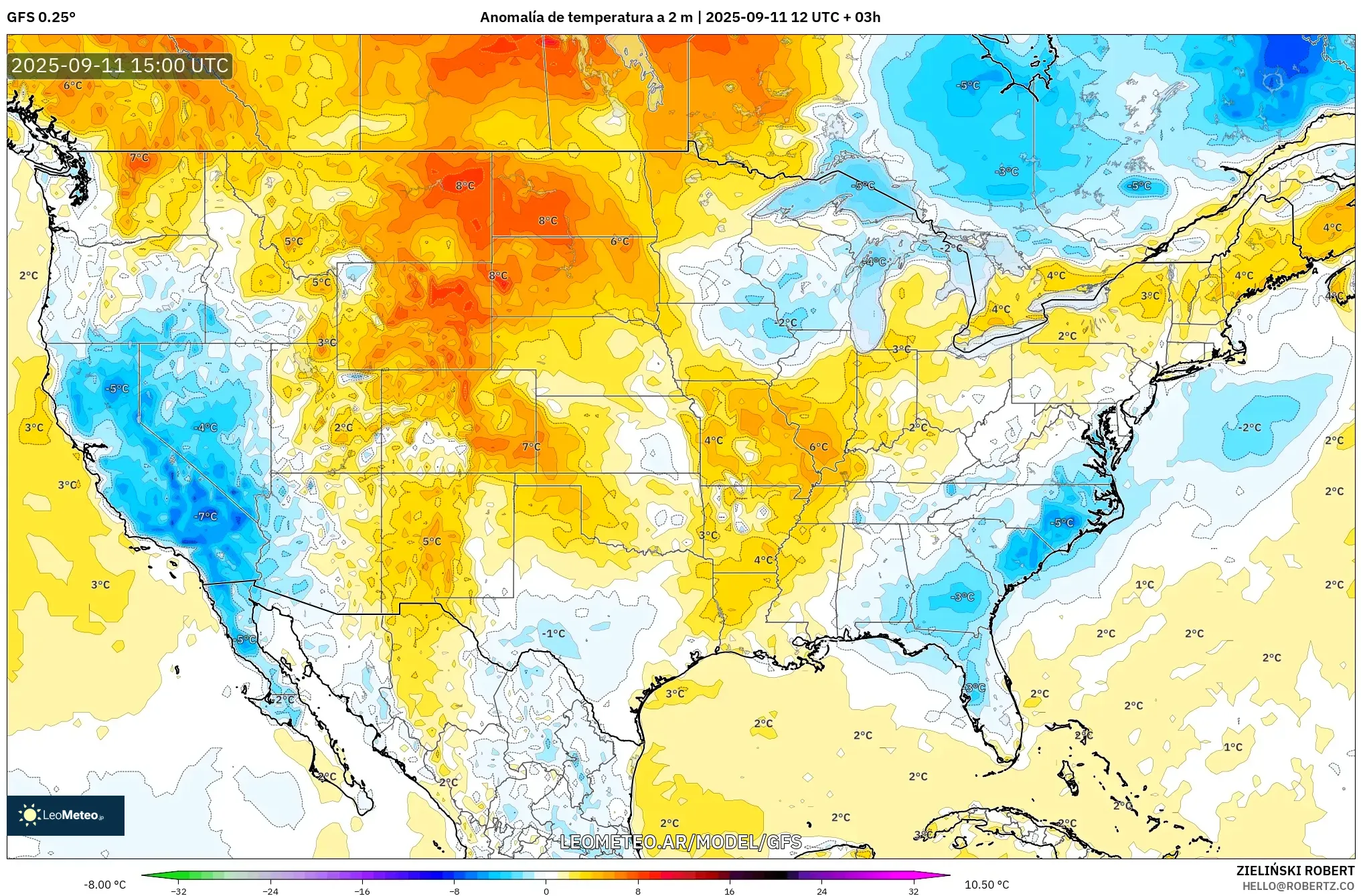 GFS model - Estados Unidos, Anomalía de temperatura a 2 m GFS model - Estados Unidos, Anomalía de temperatura a 2 m
