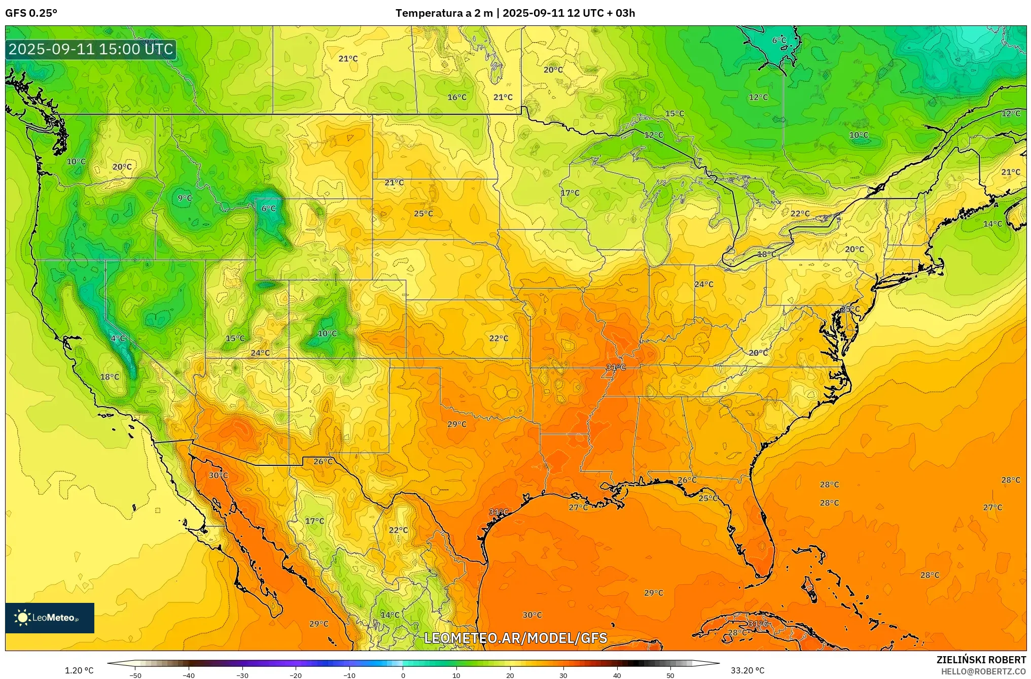 GFS model - Estados Unidos, Temperatura a 2 m