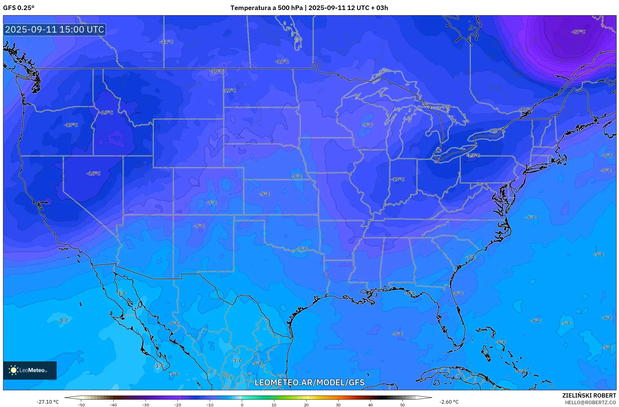 GFS model - Estados Unidos, Temperatura a 500 hPa