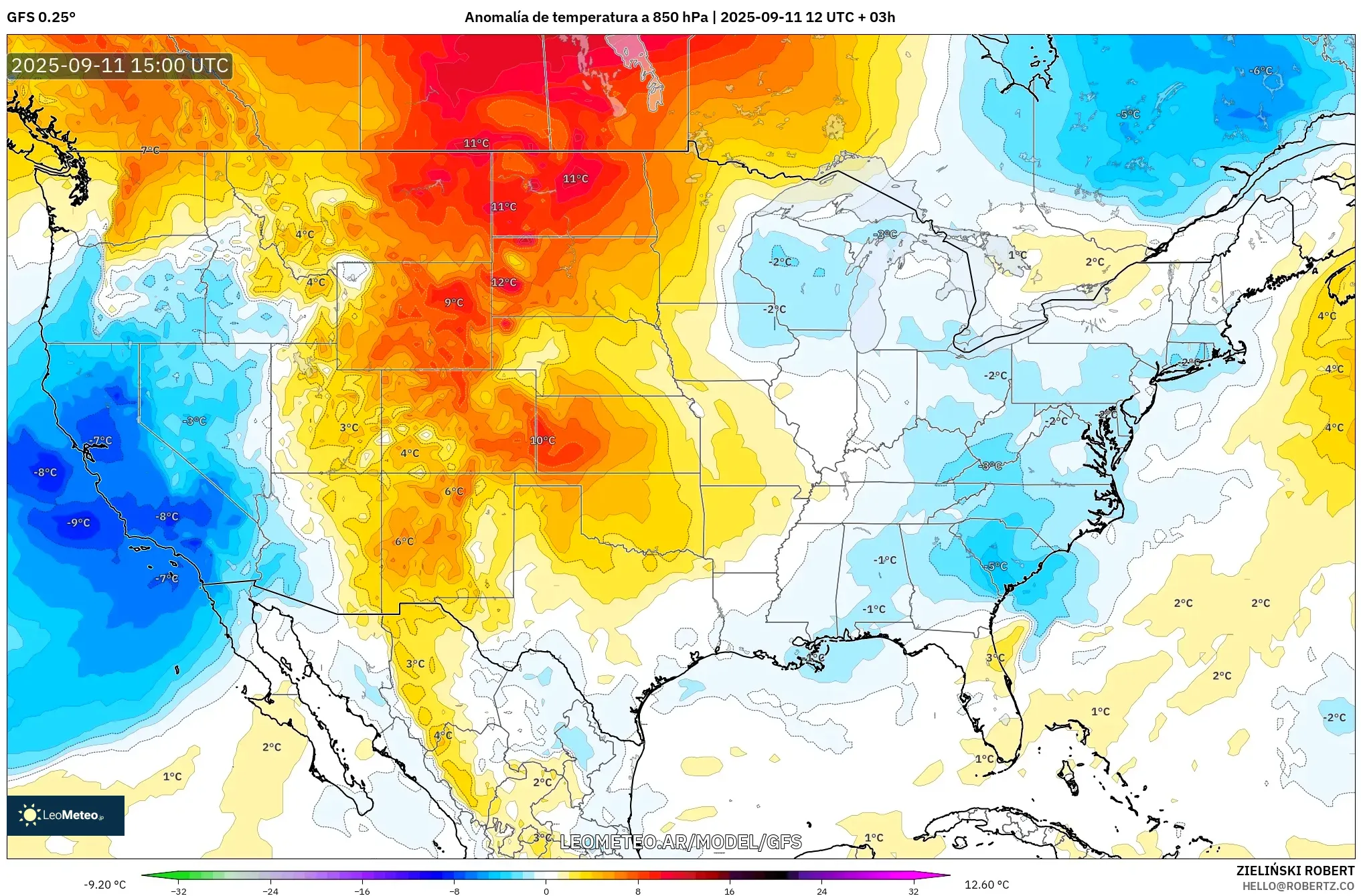 GFS model - Estados Unidos, Anomalía de temperatura a 850 hPa