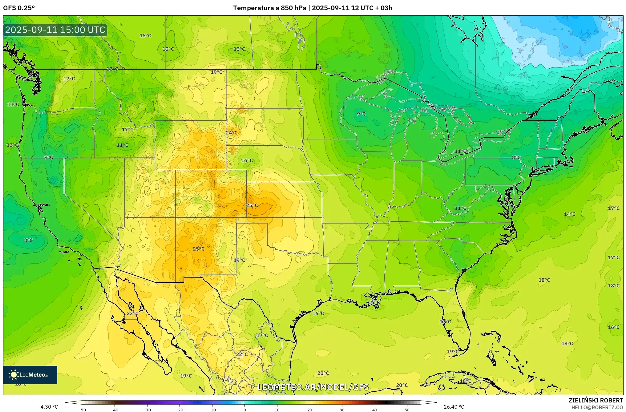 GFS model - Estados Unidos, Temperatura a 850 hPa
