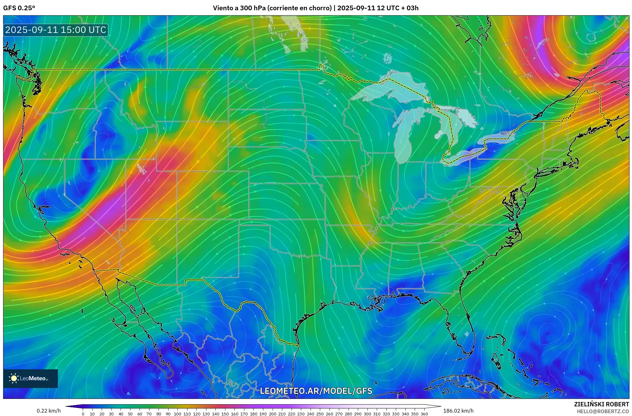 GFS model - Estados Unidos, Viento a 300 hPa (corriente en chorro)