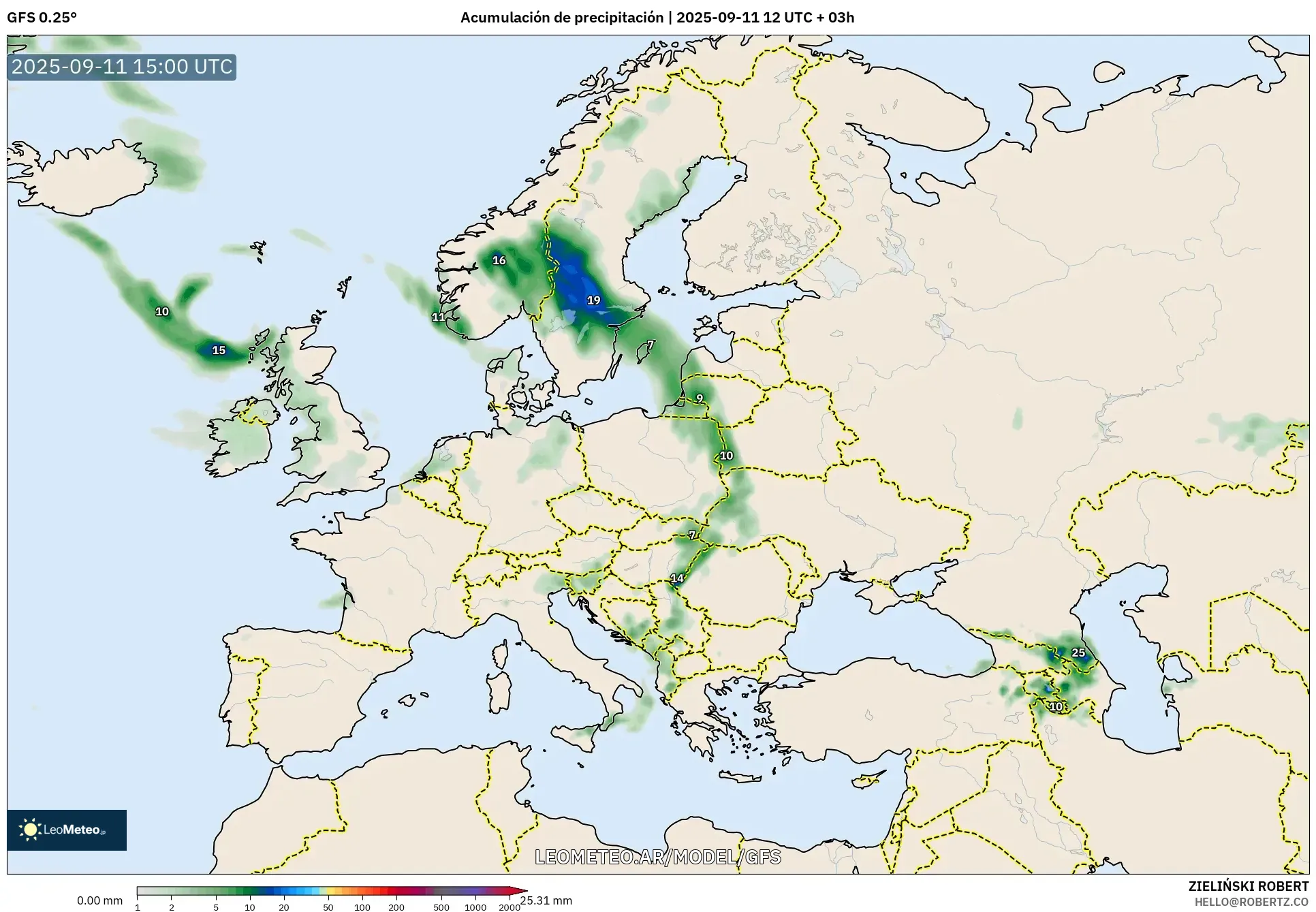 GFS model - Europa, Acumulación de precipitación