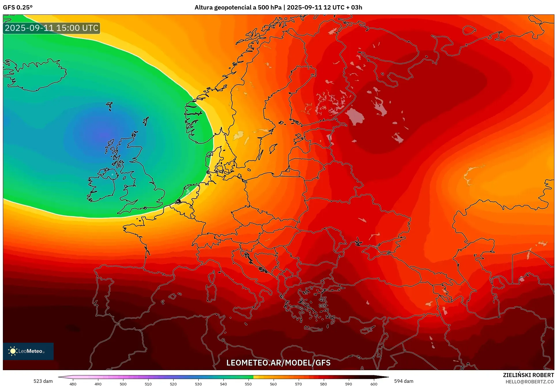 GFS model - Europa, Altura geopotencial a 500 hPa