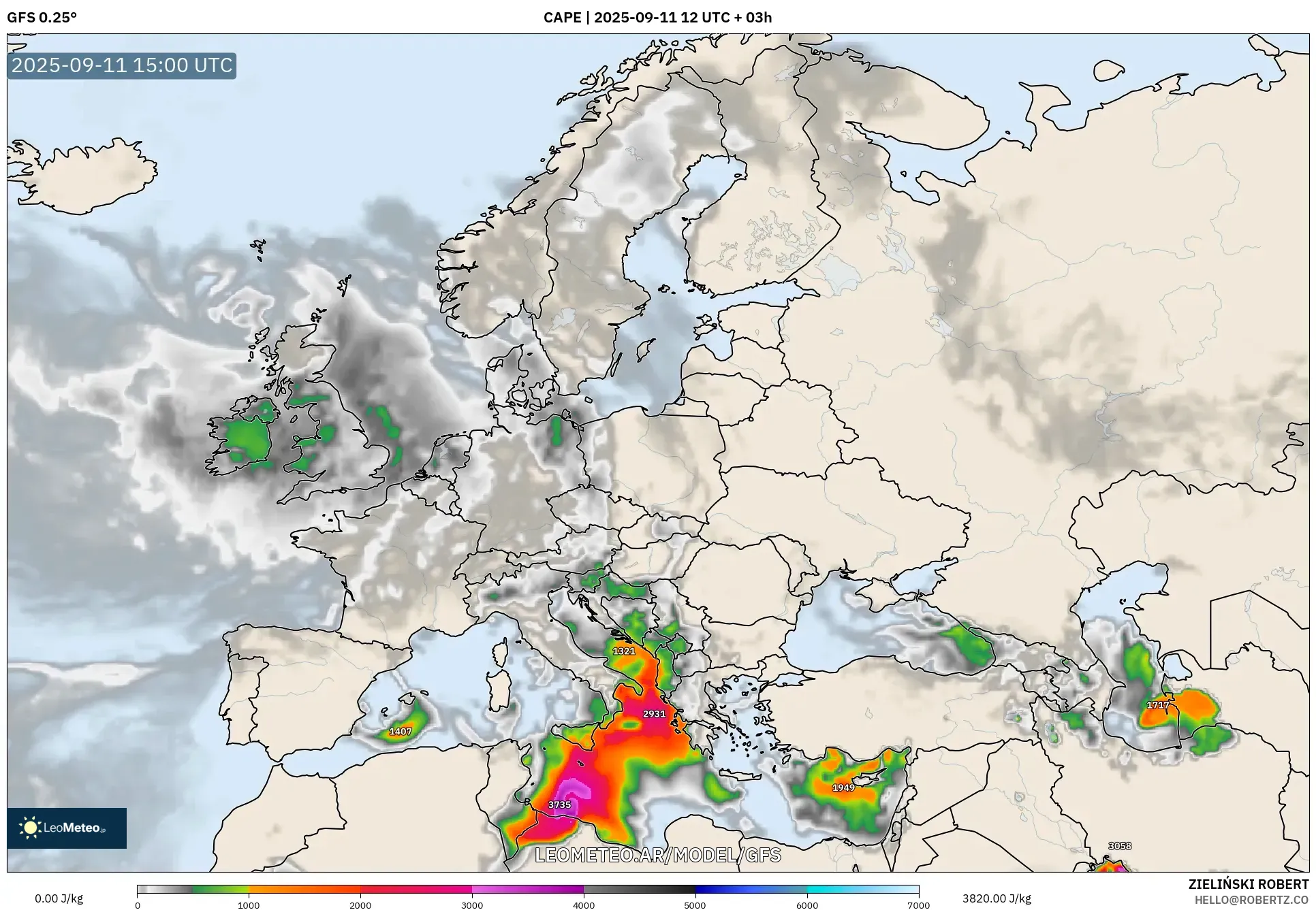 GFS model - Europa, CAPE