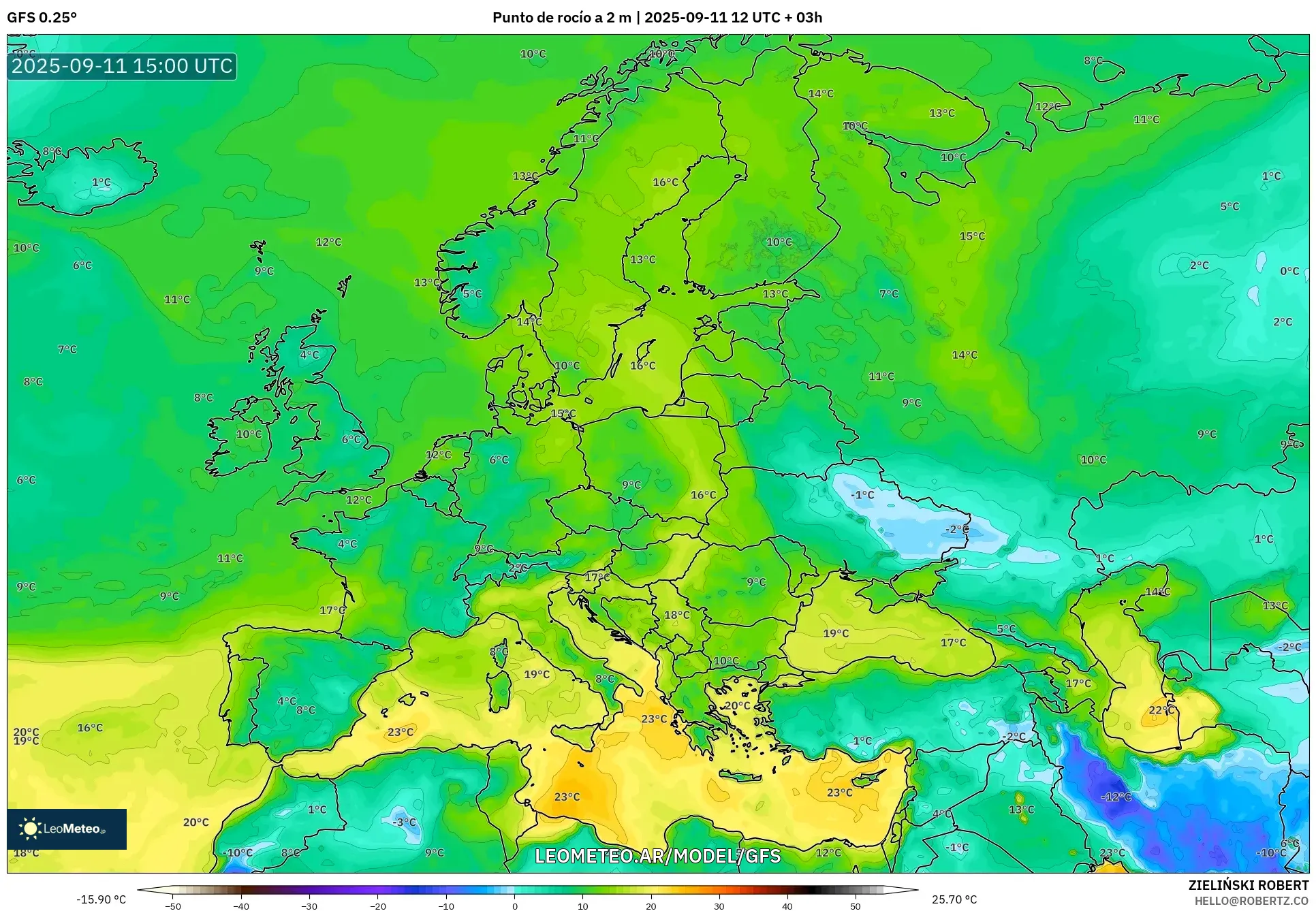 GFS model - Europa, Punto de rocío a 2 m GFS model - Europa, Punto de rocío a 2 m