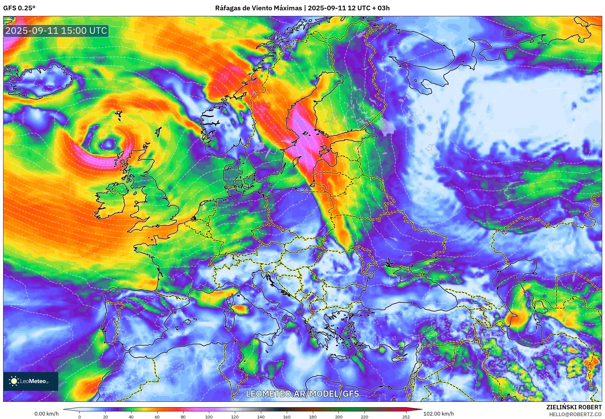 GFS model - Europa, Ráfagas de Viento Máximas