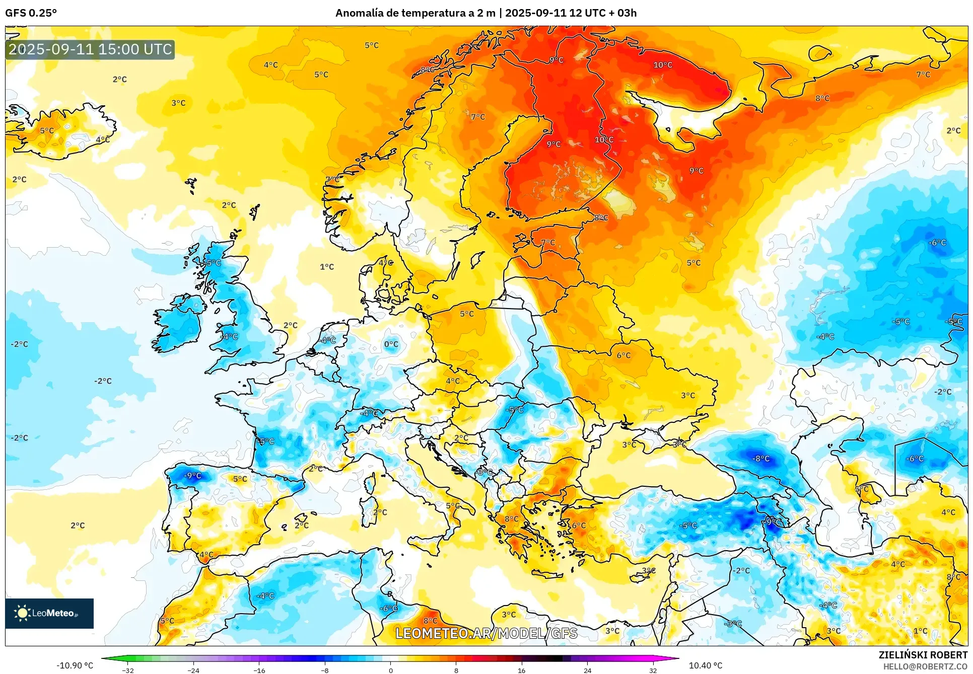 GFS model - Europa, Anomalía de temperatura a 2 m
