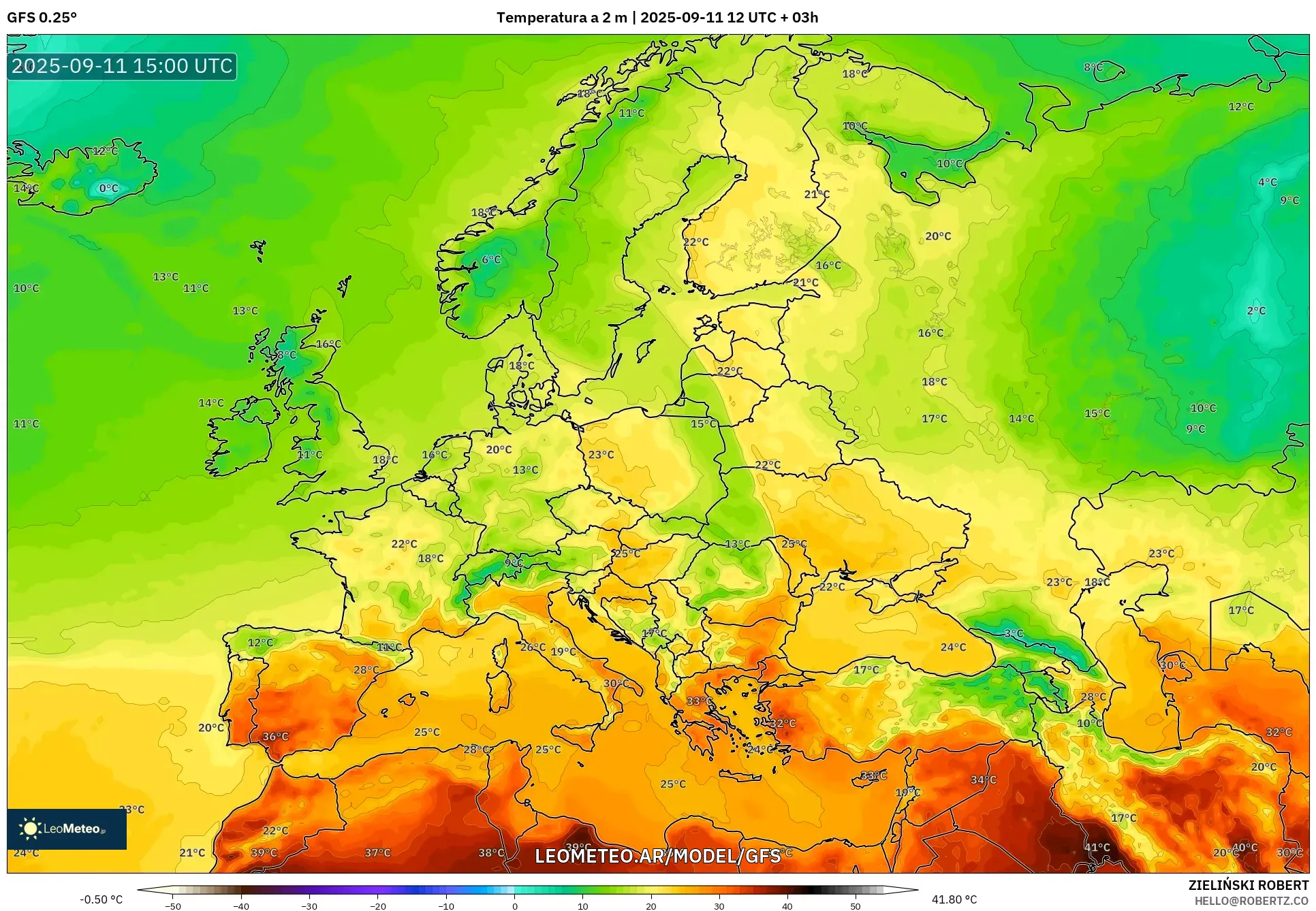 GFS model - Europa, Temperatura a 2 m