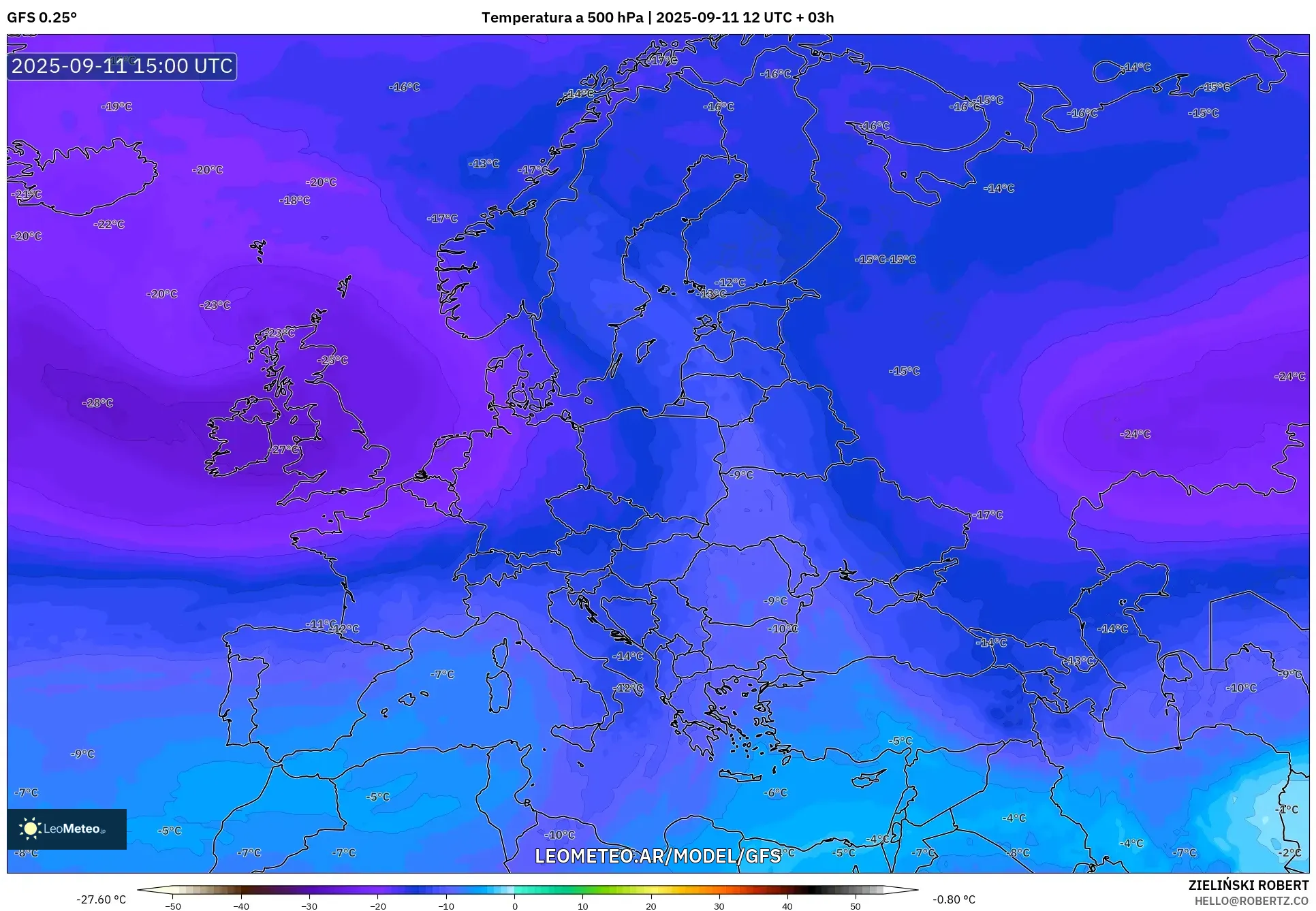 GFS model - Europa, Temperatura a 500 hPa