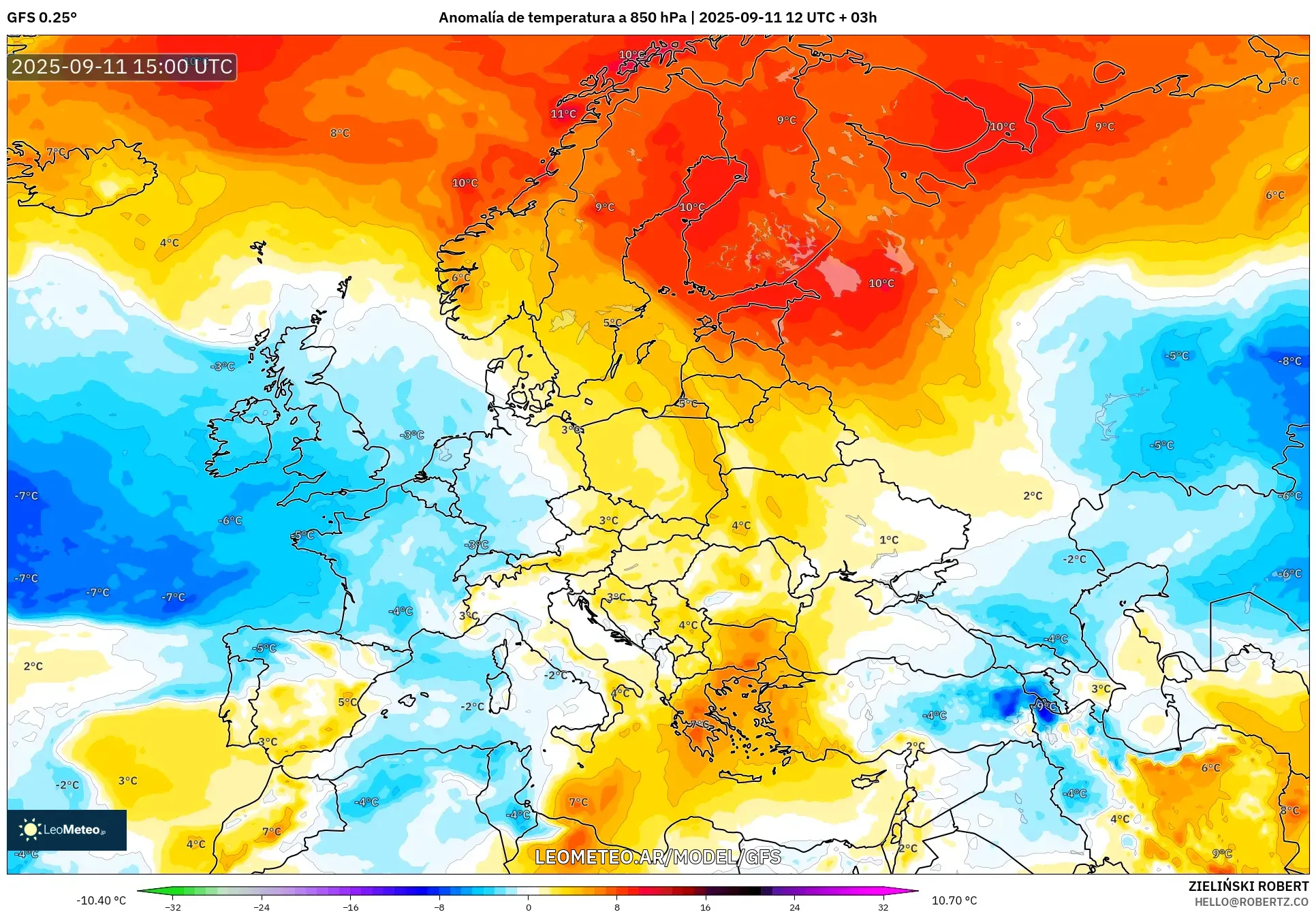 GFS model - Europa, Anomalía de temperatura a 850 hPa
