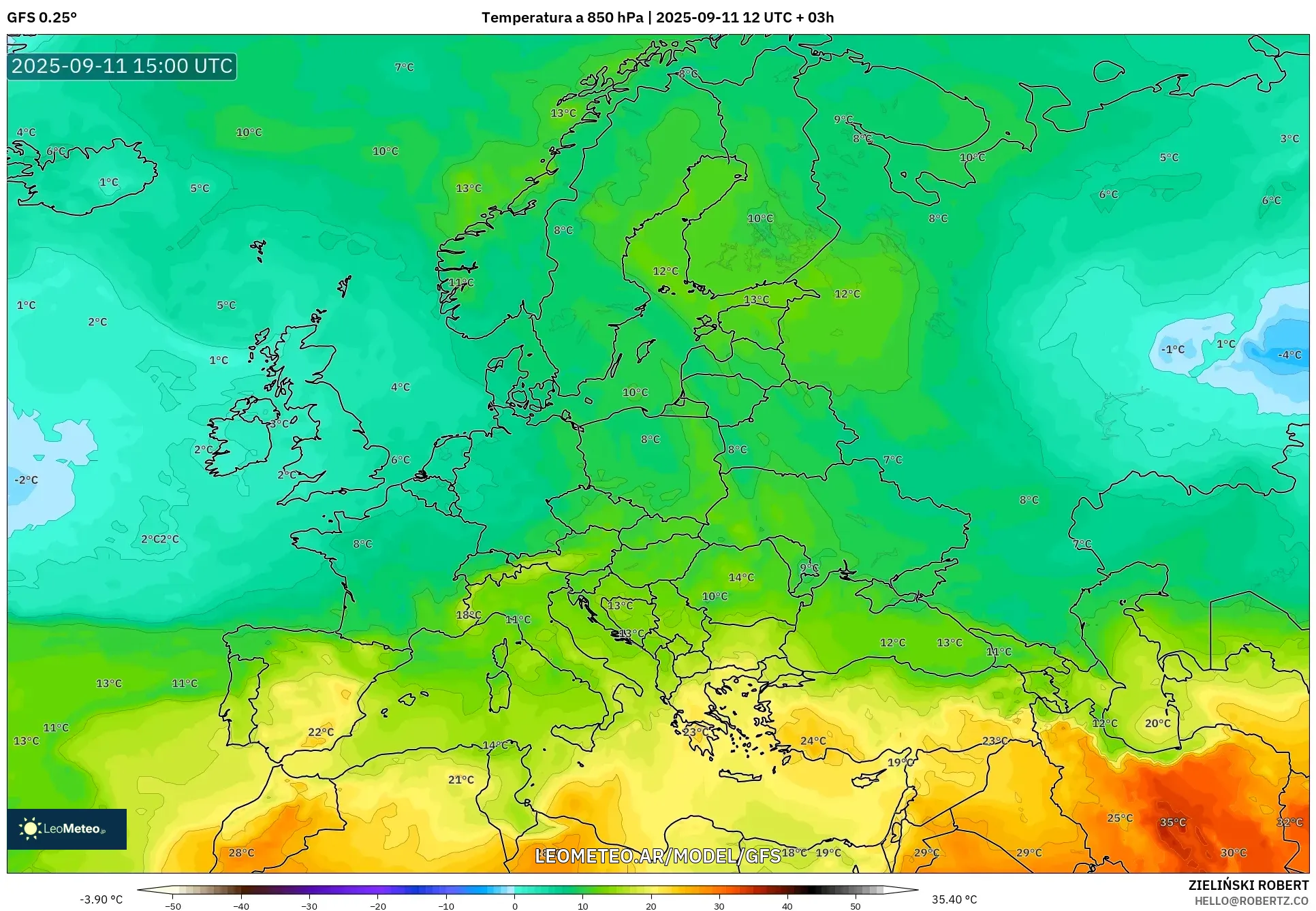 GFS model - Europa, Temperatura a 850 hPa