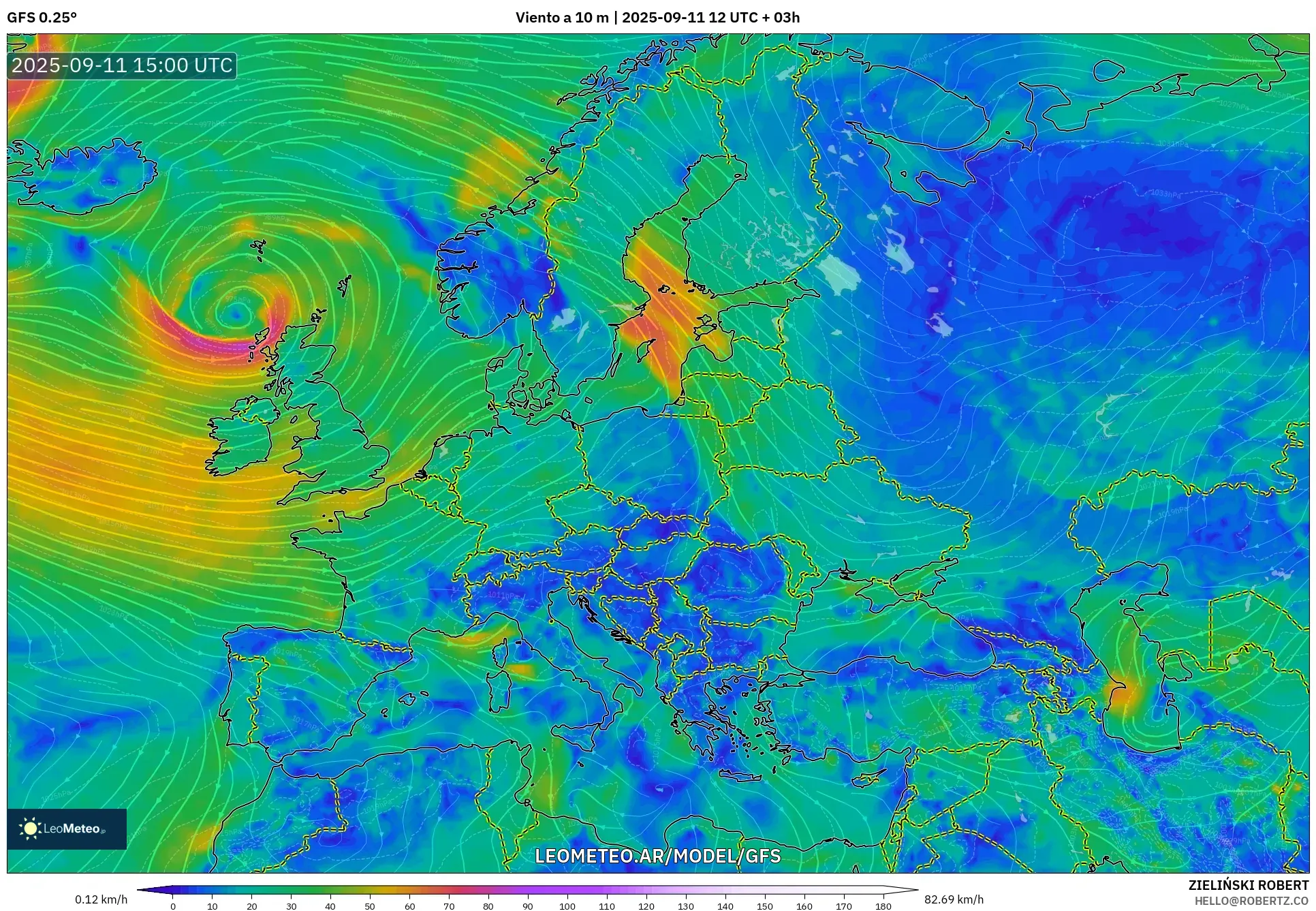 GFS model - Europa, Viento a 10 m