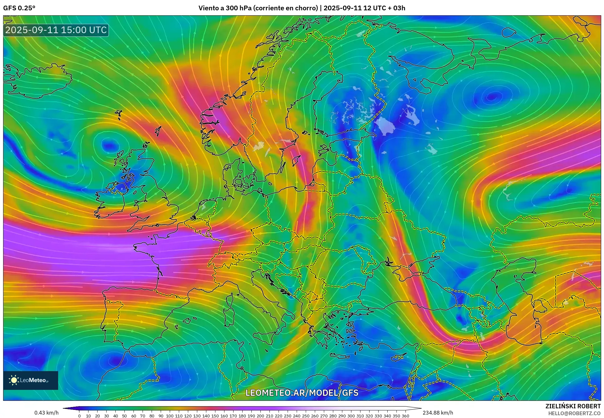 GFS model - Europa, Viento a 300 hPa (corriente en chorro)