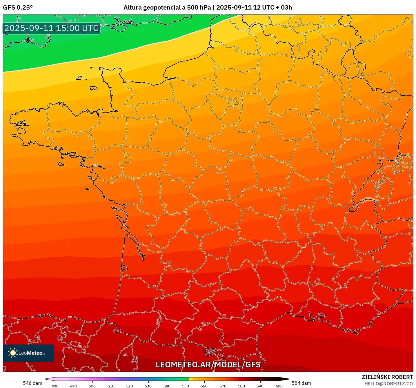 GFS model - Francia, Altura geopotencial a 500 hPa