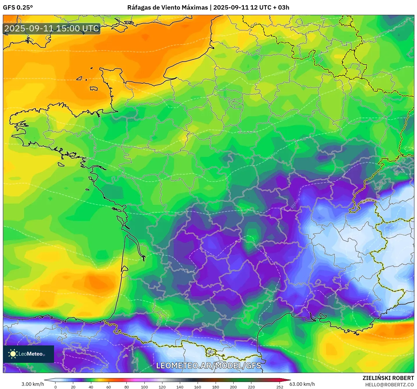 GFS model - Francia, Ráfagas de Viento Máximas