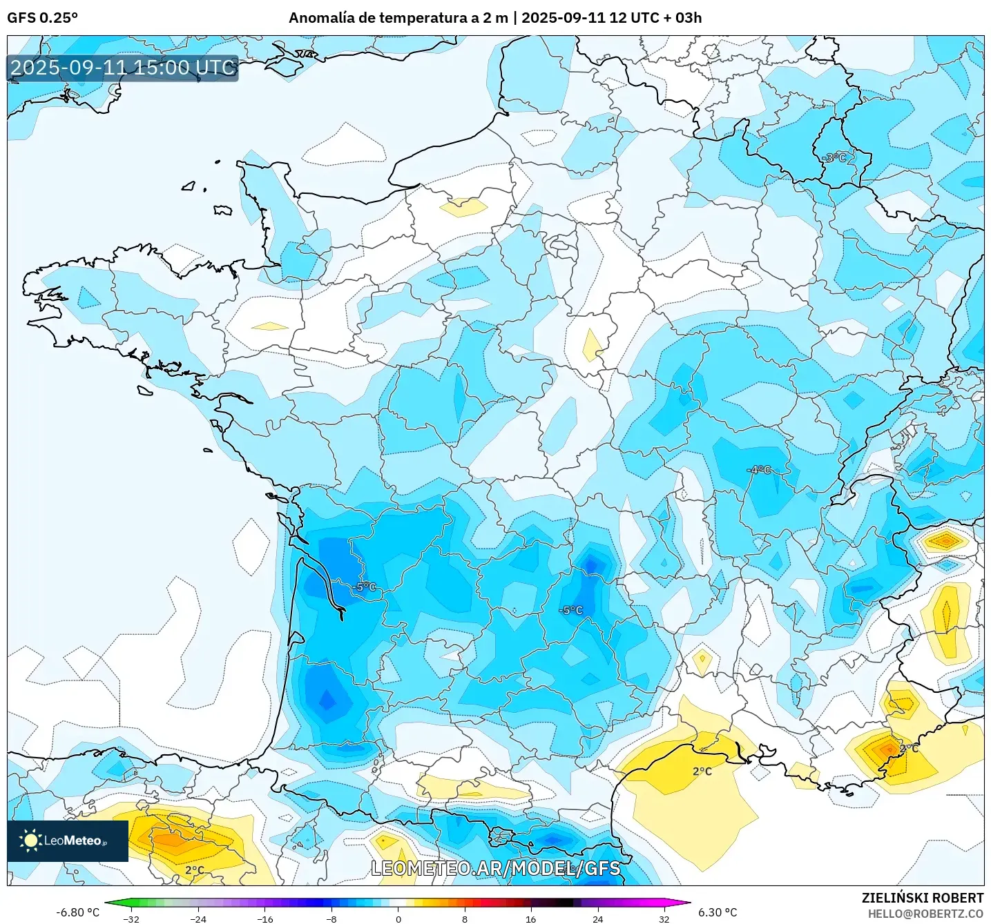 GFS model - Francia, Anomalía de temperatura a 2 m GFS model - Francia, Anomalía de temperatura a 2 m