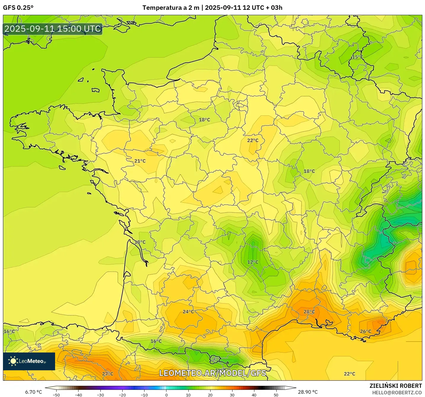 GFS model - Francia, Temperatura a 2 m GFS model - Francia, Temperatura a 2 m