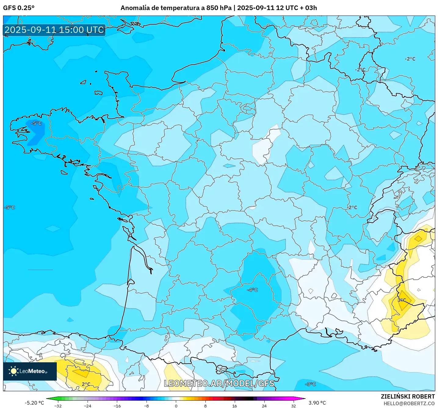 GFS model - Francia, Anomalía de temperatura a 850 hPa