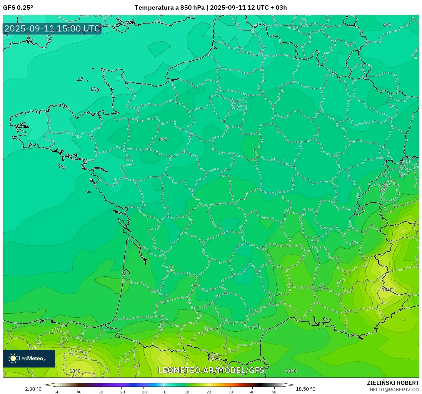 GFS model - Francia, Temperatura a 850 hPa