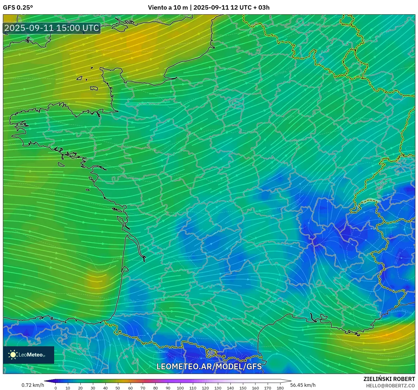 GFS model - Francia, Viento a 10 m GFS model - Francia, Viento a 10 m