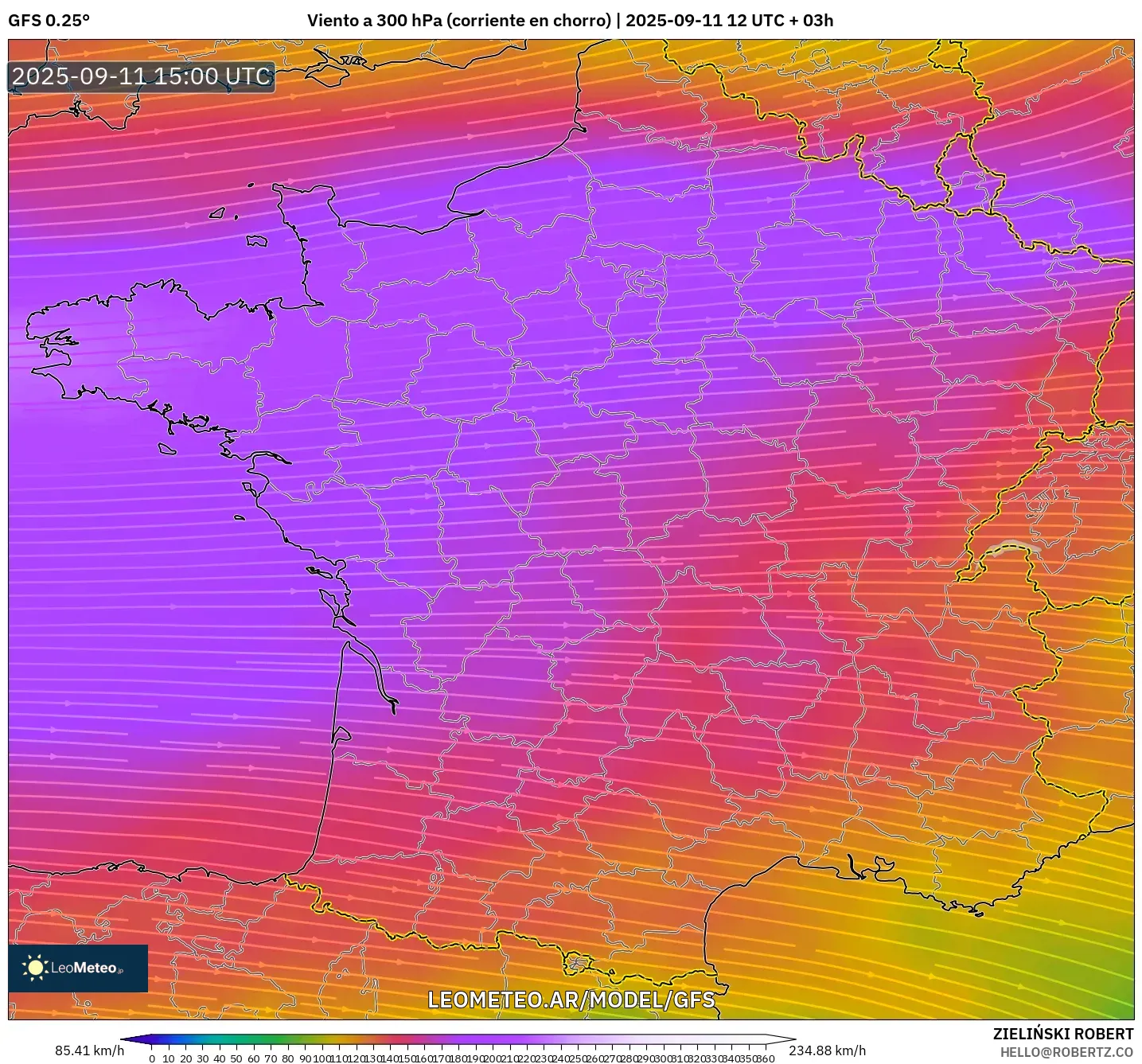 GFS model - Francia, Viento a 300 hPa (corriente en chorro)