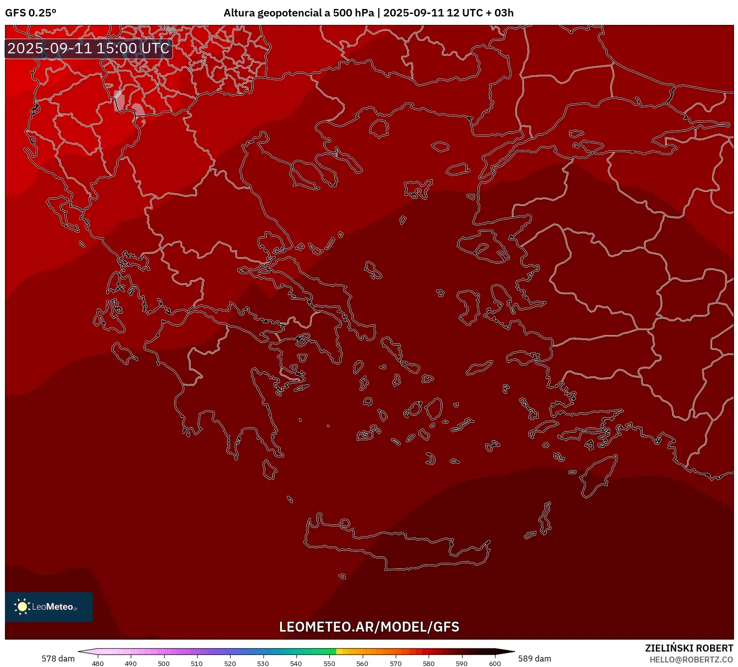 GFS model - Grecia, Altura geopotencial a 500 hPa
