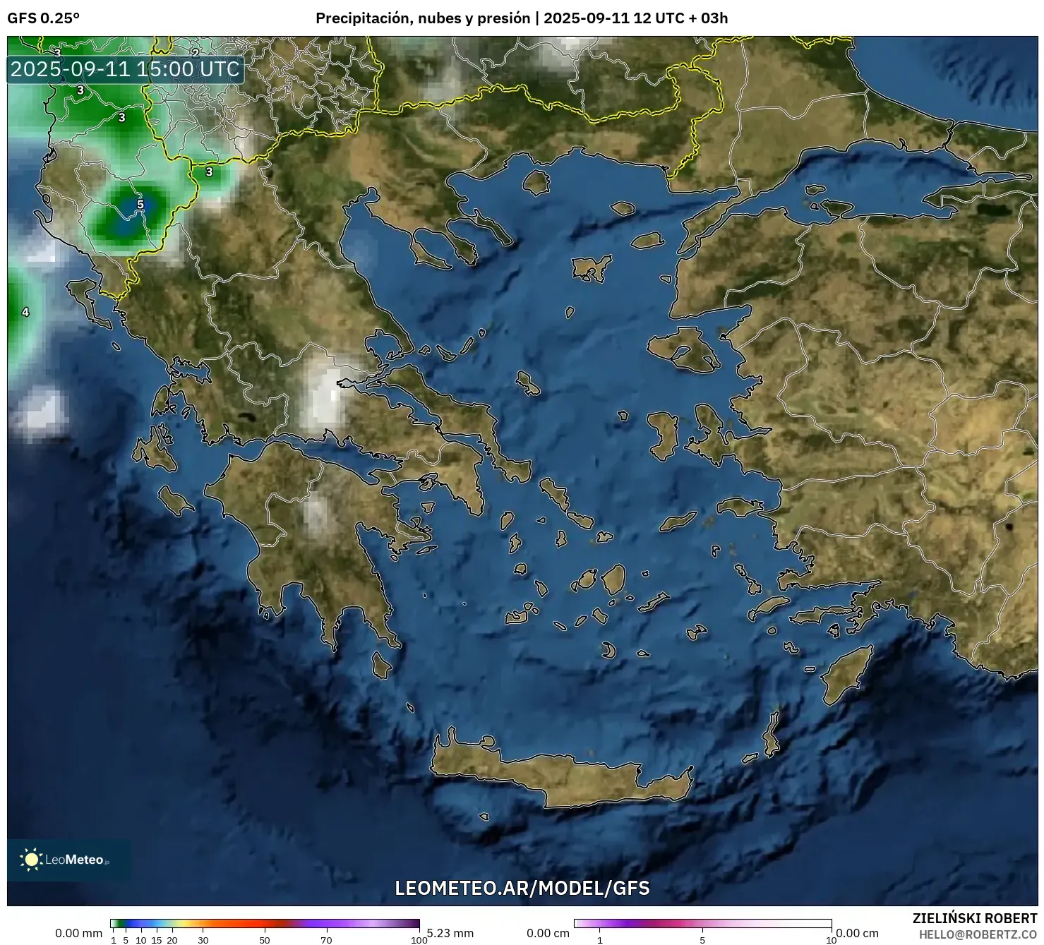 GFS model - Grecia, Precipitación, nubes y presión