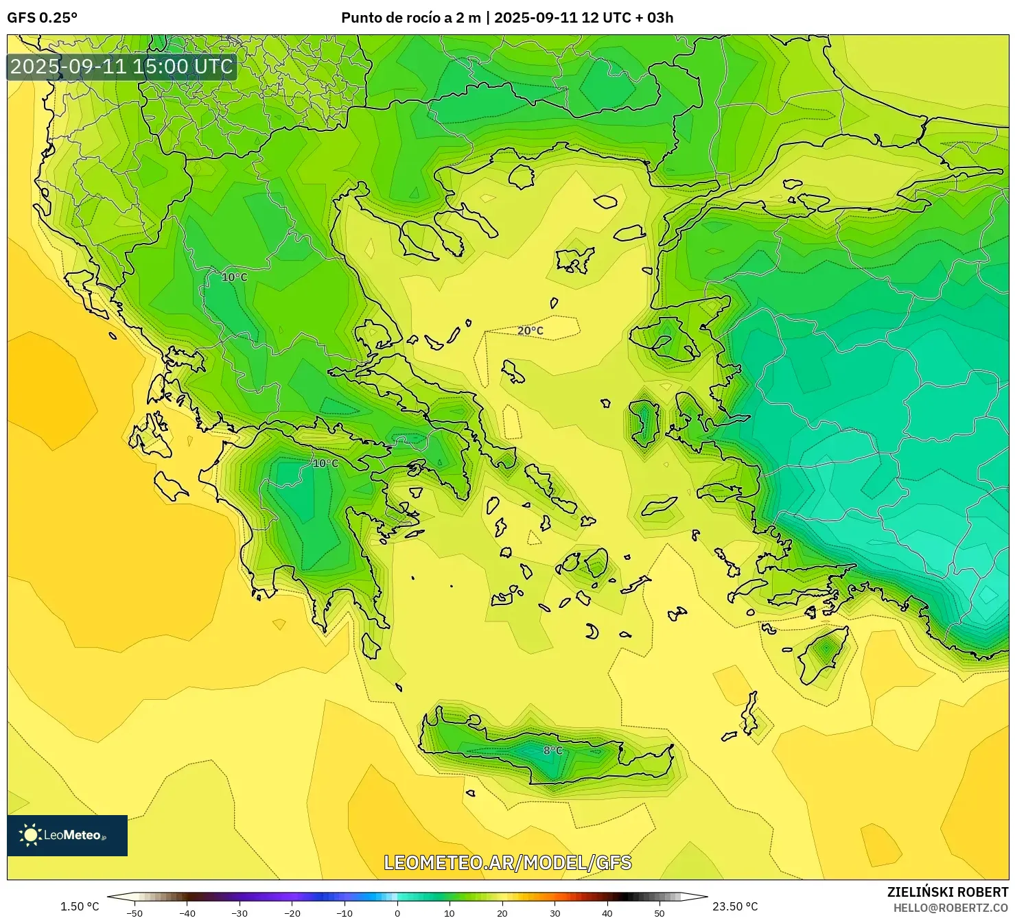 GFS model - Grecia, Punto de rocío a 2 m