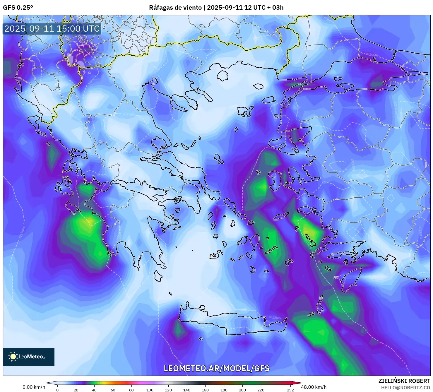 GFS model - Grecia, Ráfagas de viento GFS model - Grecia, Ráfagas de viento