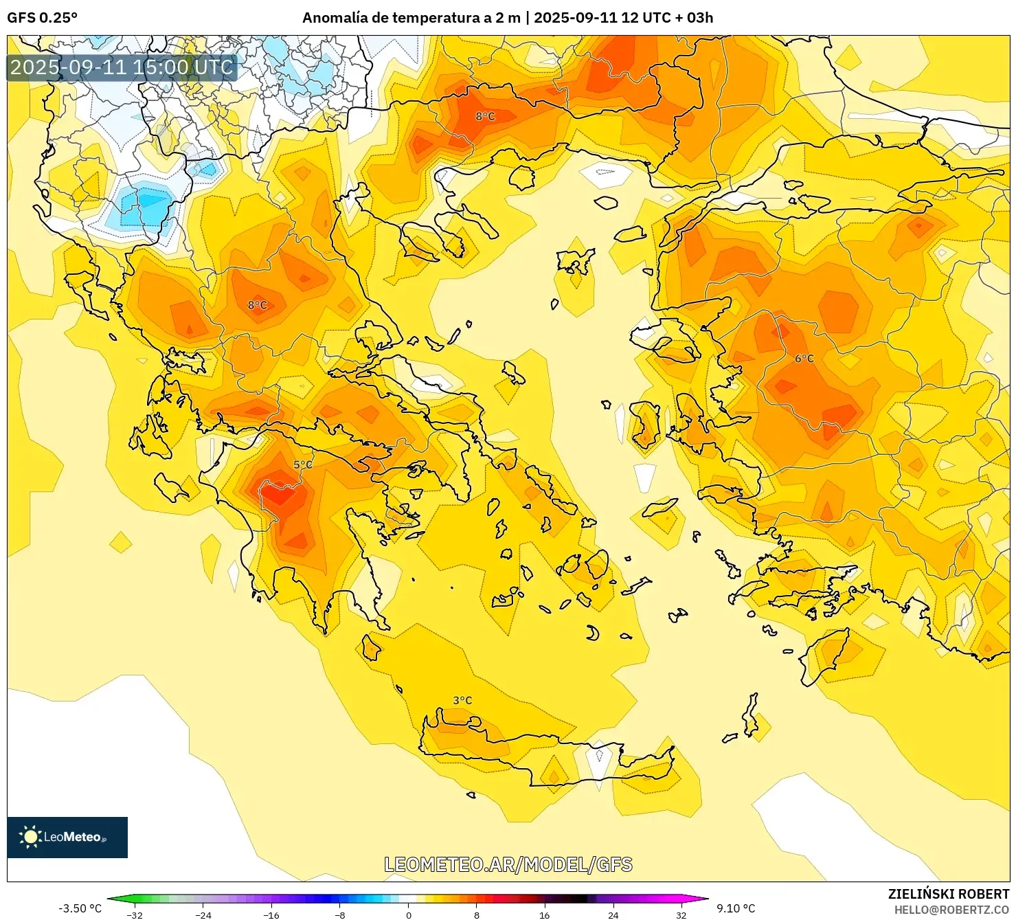 GFS model - Grecia, Anomalía de temperatura a 2 m GFS model - Grecia, Anomalía de temperatura a 2 m