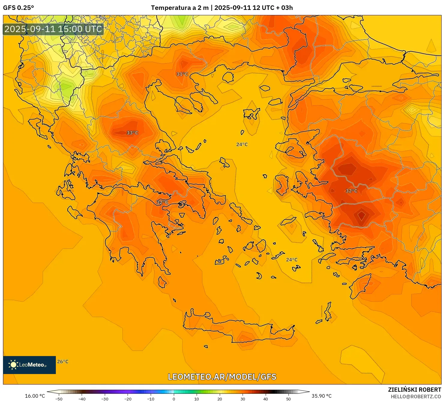 GFS model - Grecia, Temperatura a 2 m GFS model - Grecia, Temperatura a 2 m